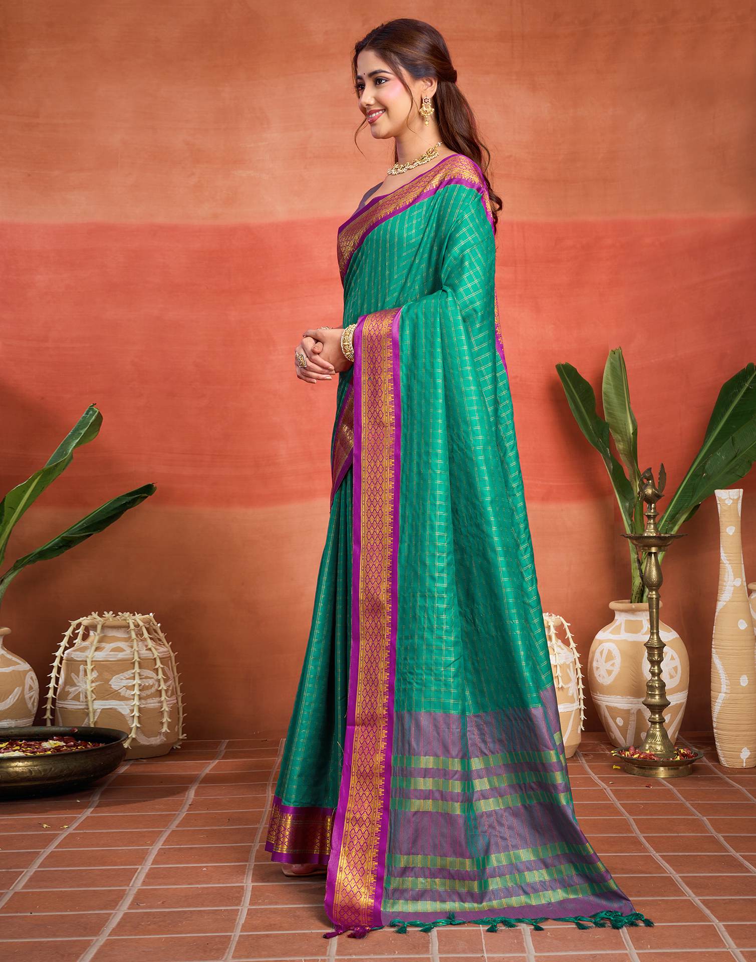 Teal Green Silk Woven Kanjivaram Saree