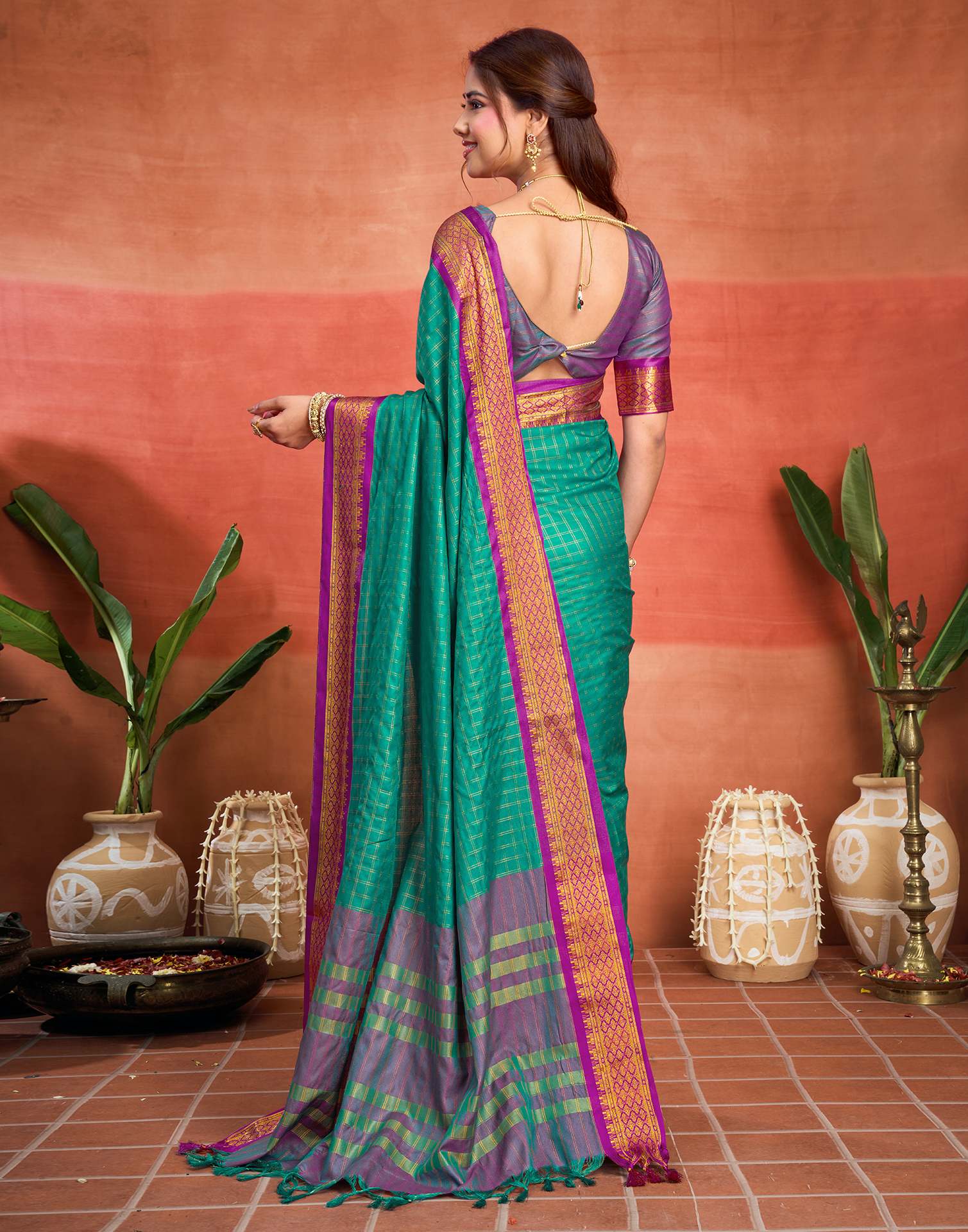 Teal Green Silk Woven Kanjivaram Saree