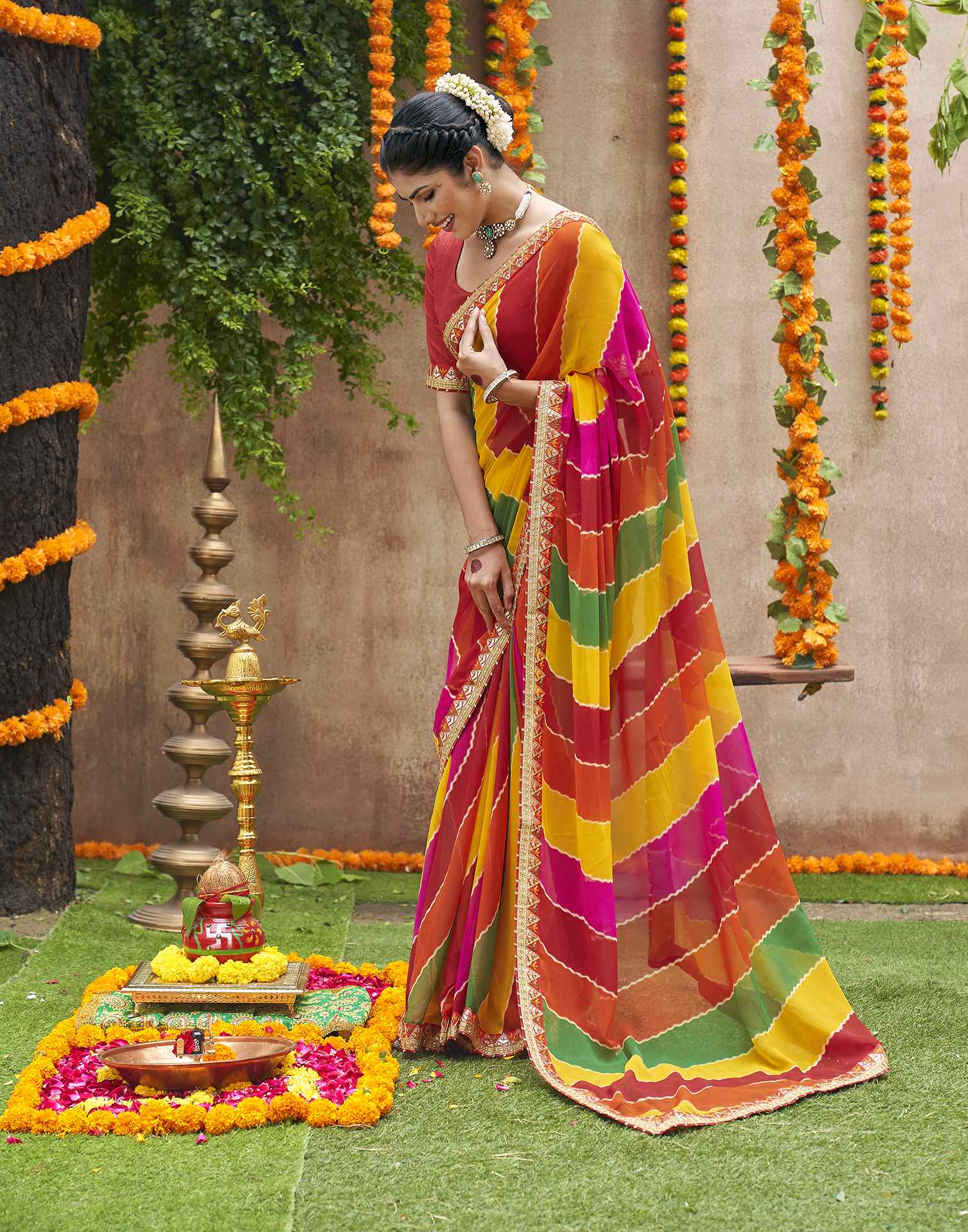 Multicoloured Georgette Printed Bandhani Saree