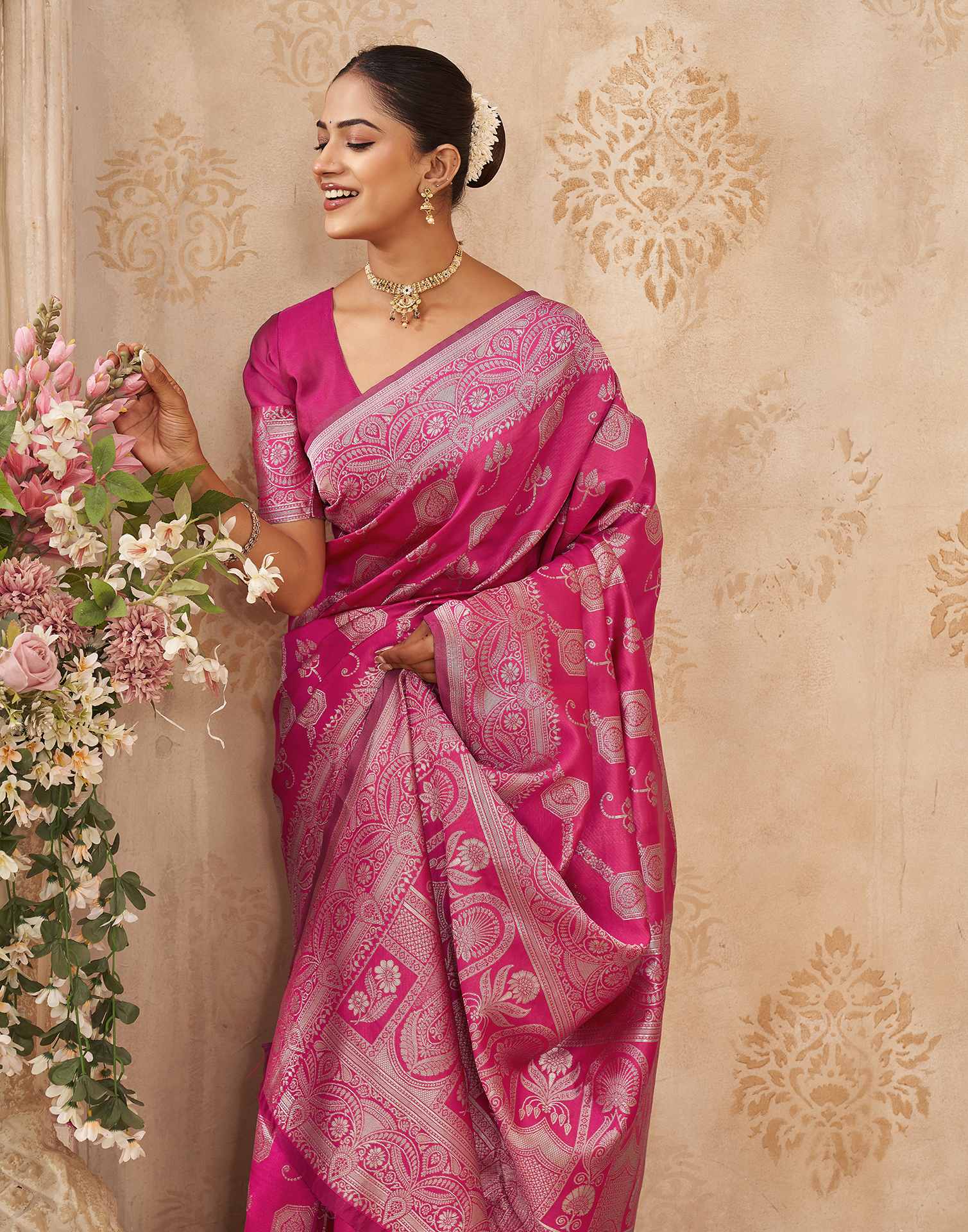 Pink Silk Woven Banarasi Saree