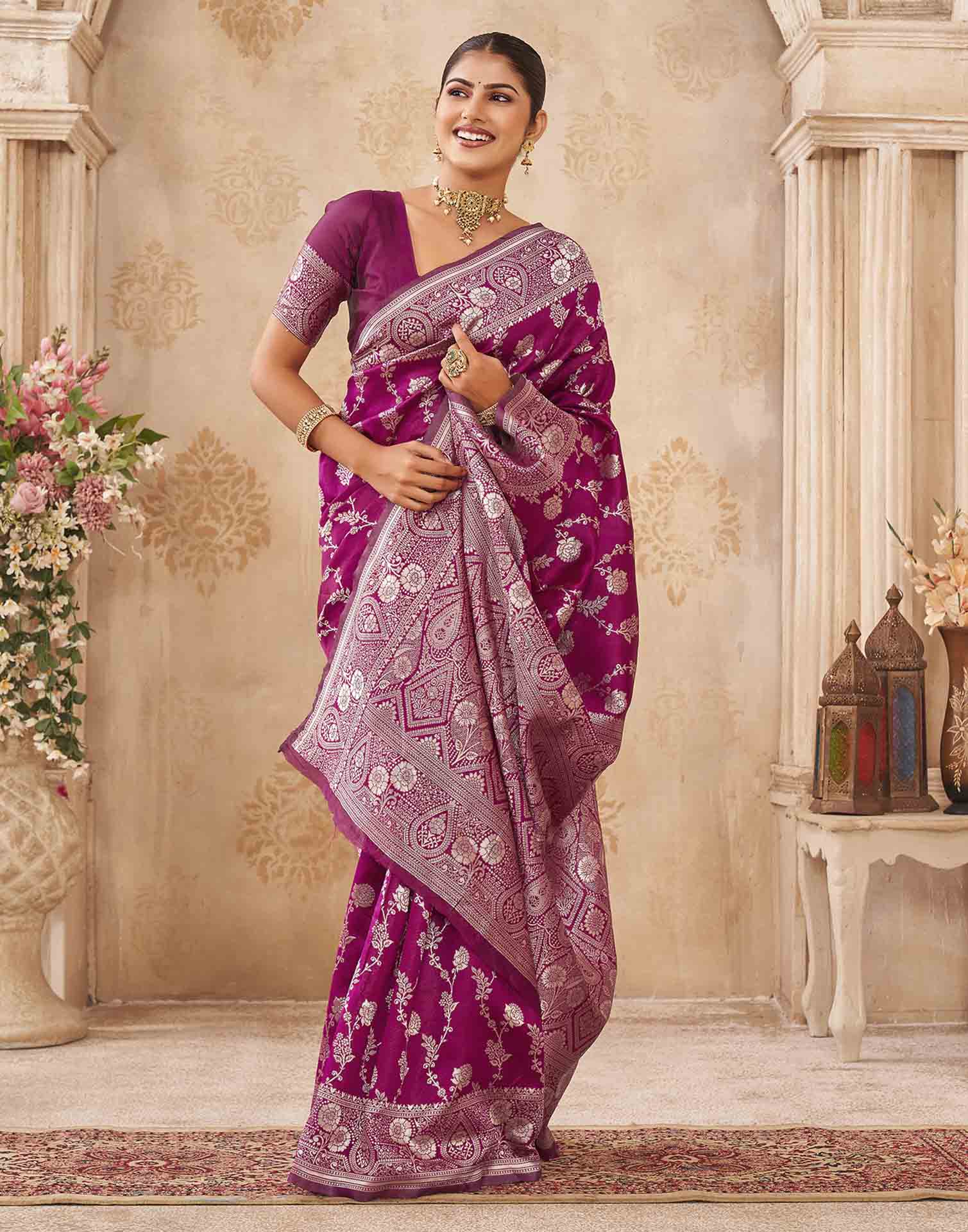 Magenta Silk Woven Banarasi Saree
