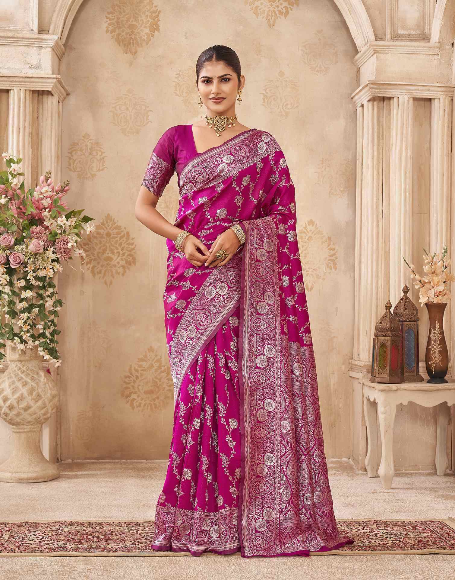 Magenta Silk Woven Banarasi Saree