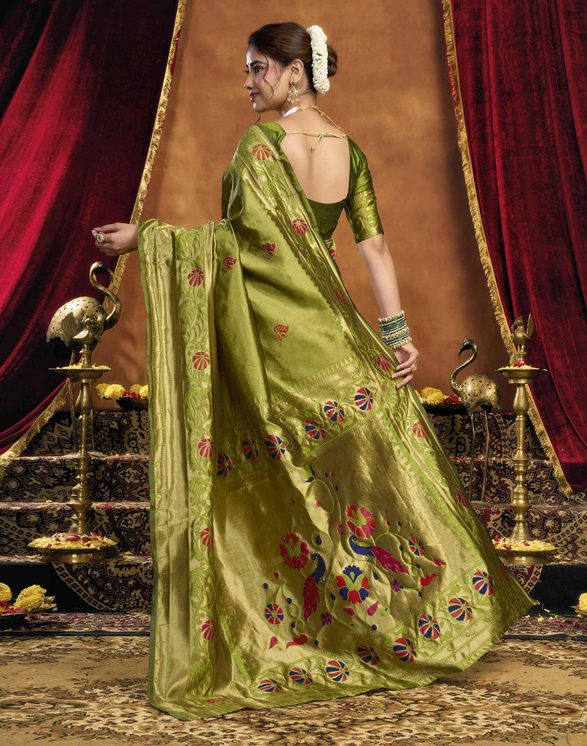 Parrot Green Silk Woven Paithani Saree