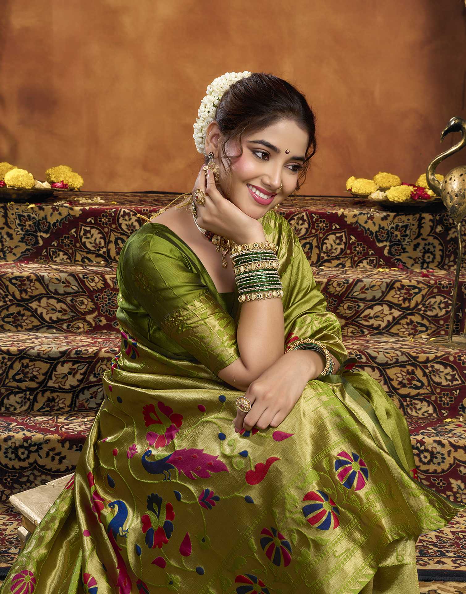 Parrot Green Silk Woven Paithani Saree