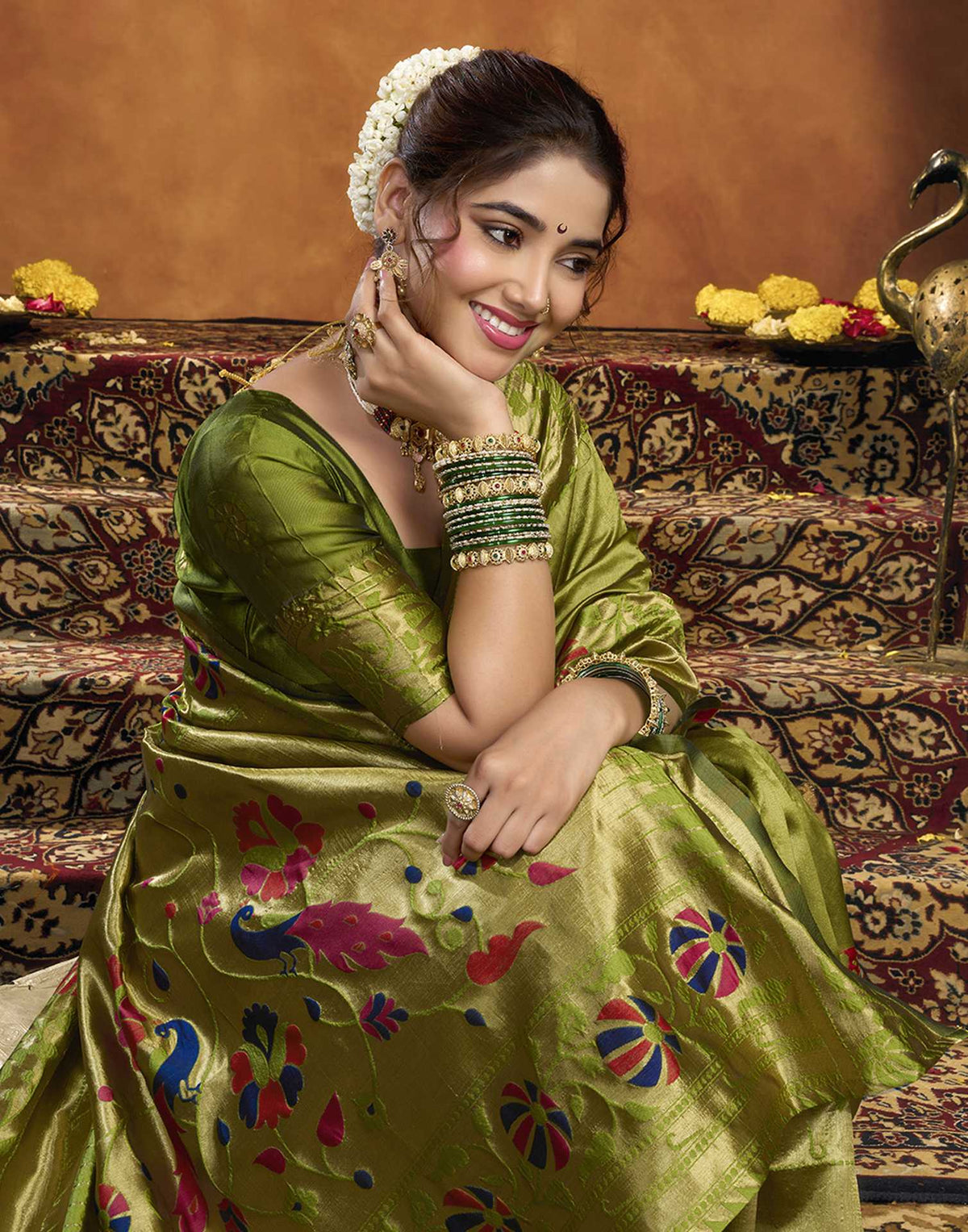 Parrot Green Silk Woven Paithani Saree