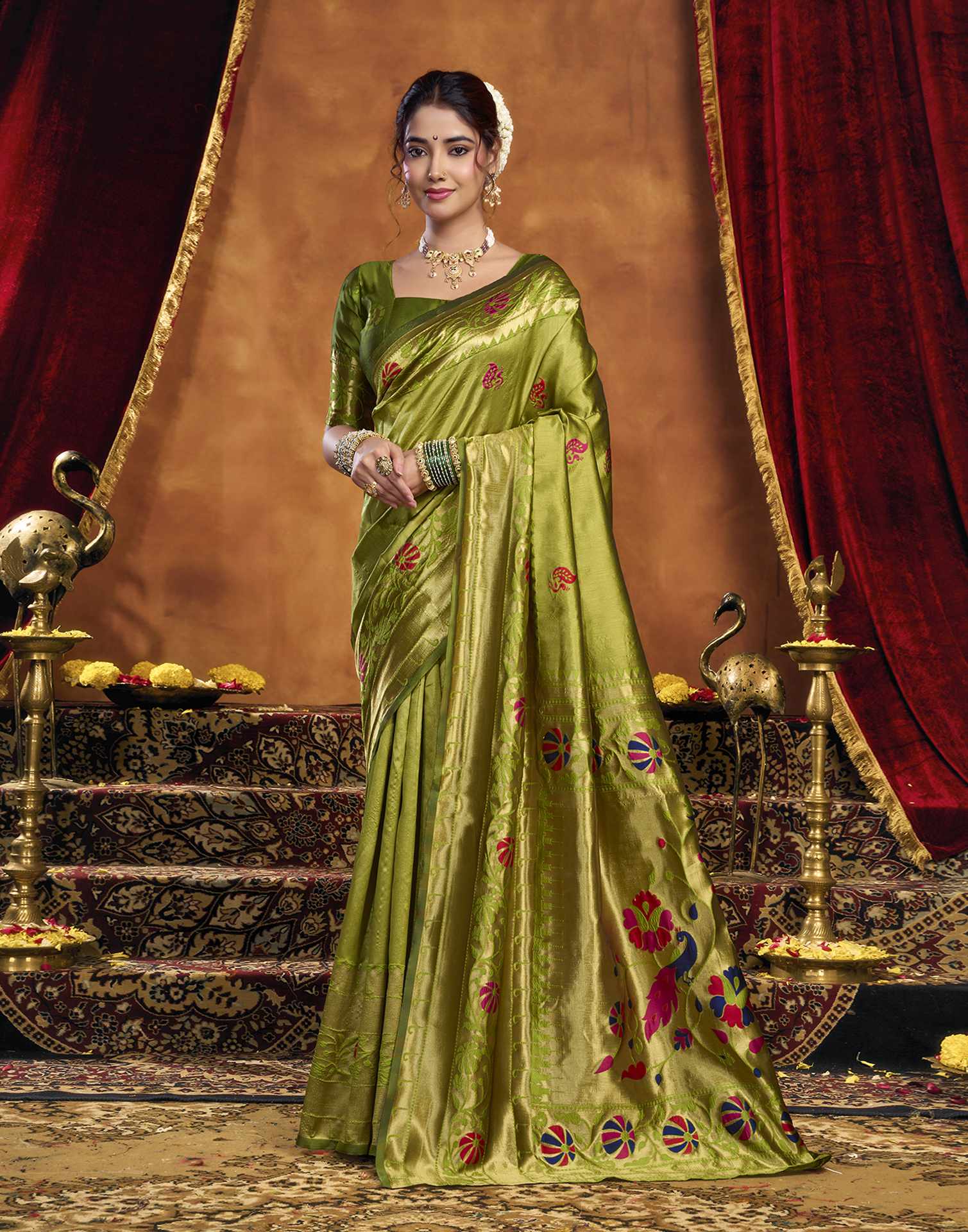 Parrot Green Silk Woven Paithani Saree