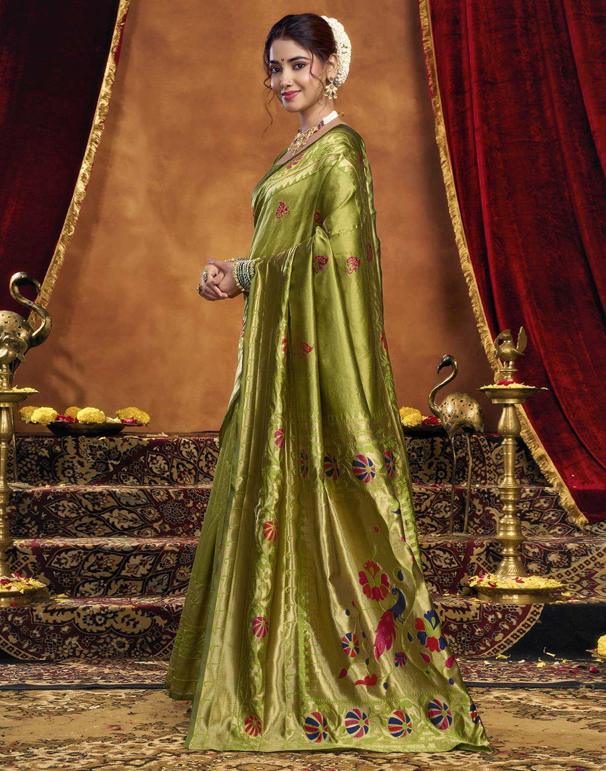 Parrot Green Silk Woven Paithani Saree