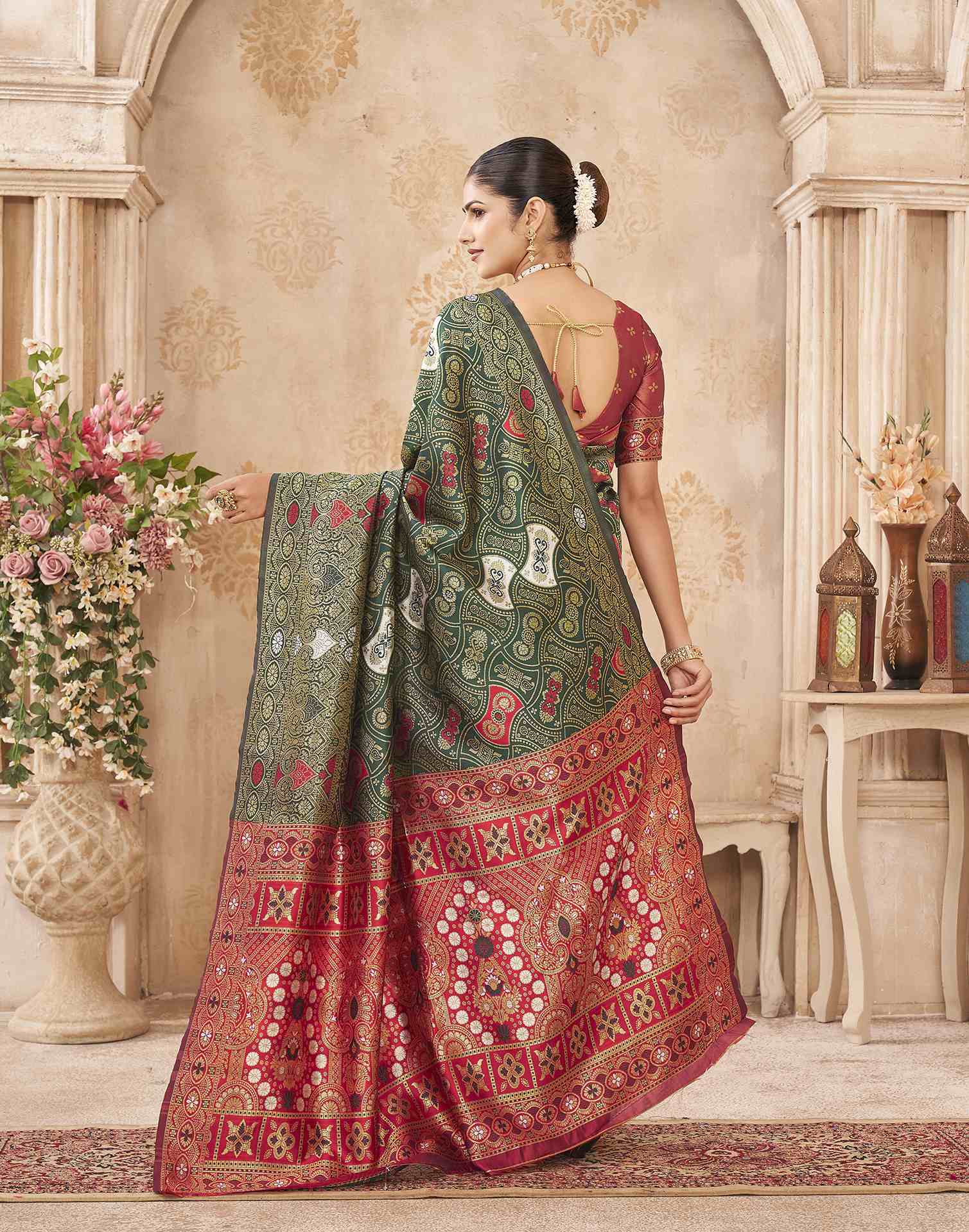 Green,Red Silk Woven Banarasi Saree