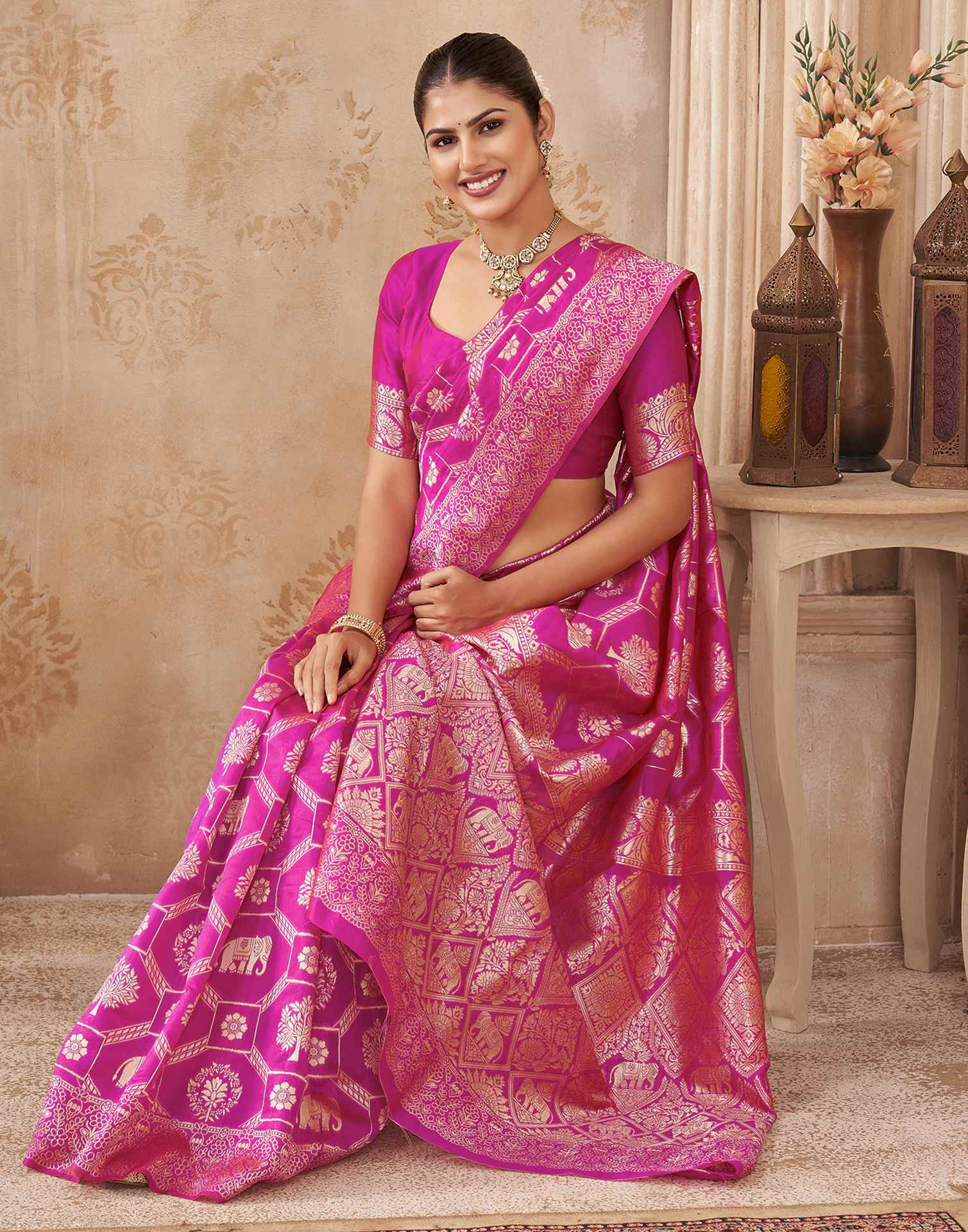 Pink Silk Woven Banarasi Saree