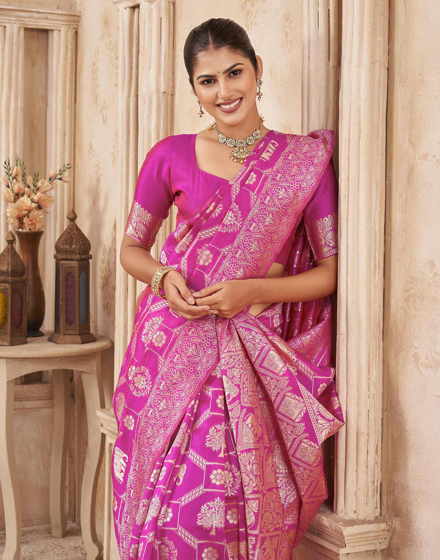 Pink Silk Woven Banarasi Saree