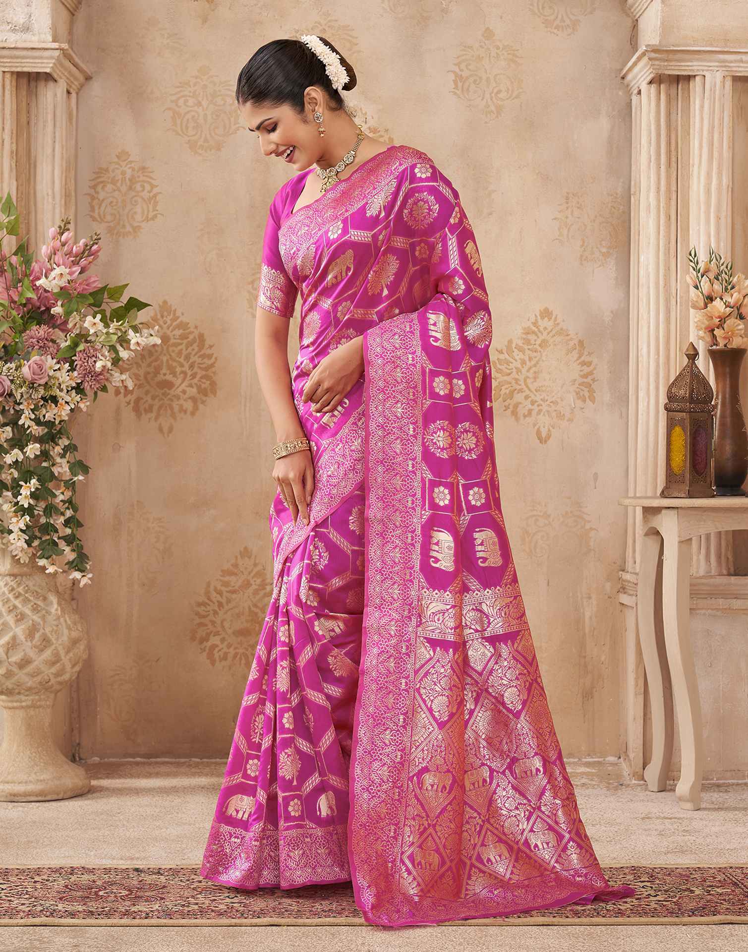 Pink Silk Woven Banarasi Saree