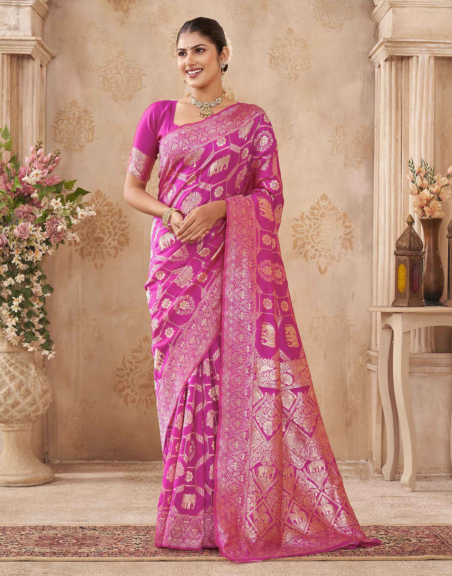 Pink Silk Woven Banarasi Saree