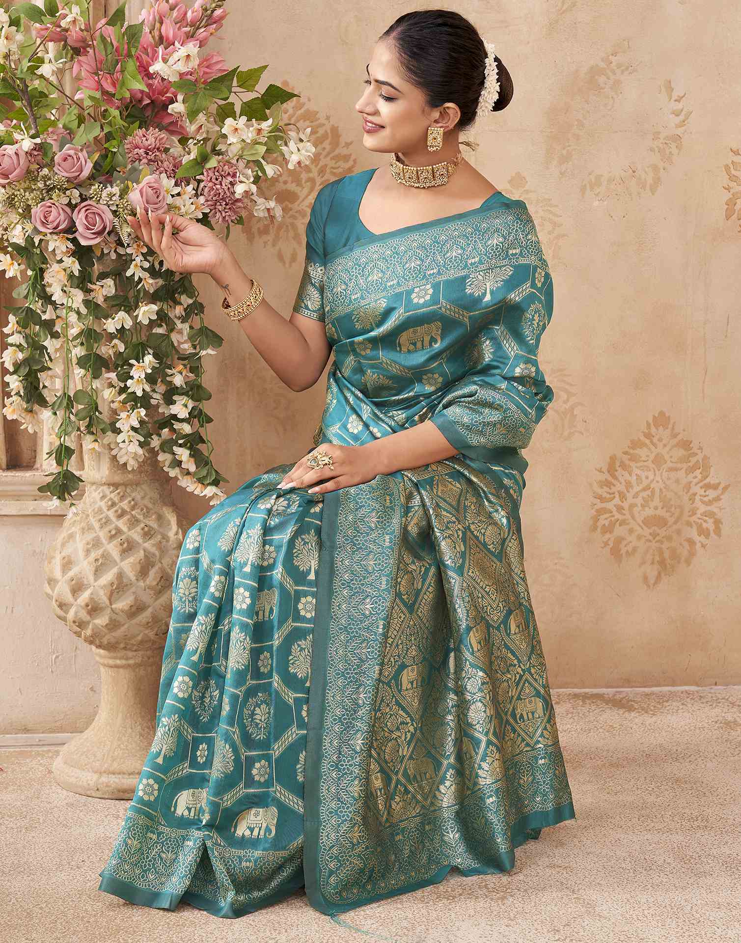 Turquoise Silk Woven Banarasi Saree