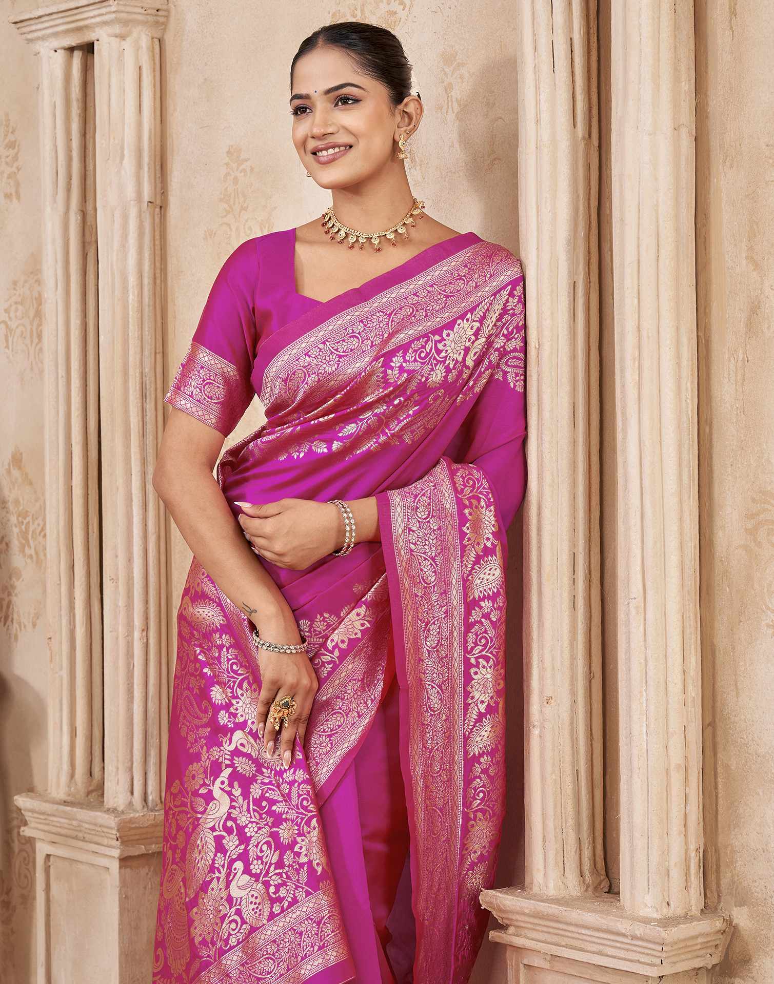 Dark Pink Silk Woven Banarasi Saree