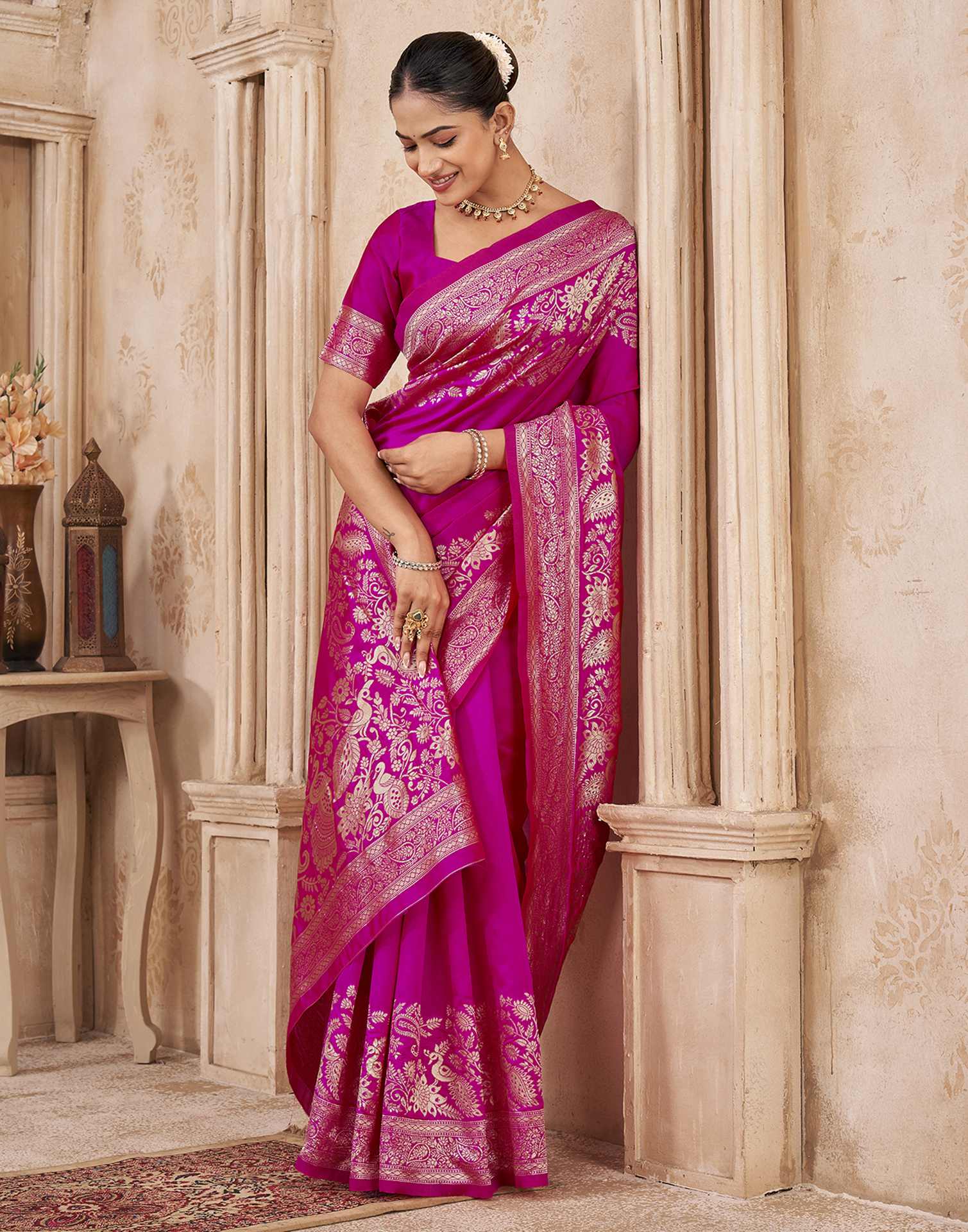 Dark Pink Silk Woven Banarasi Saree