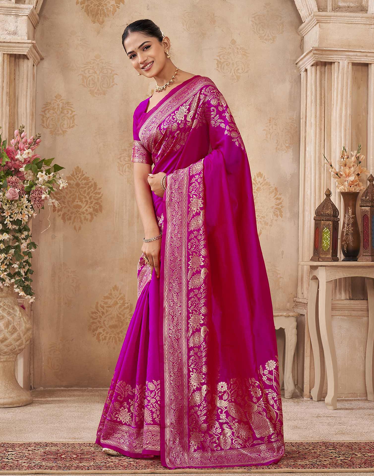 Dark Pink Silk Woven Banarasi Saree