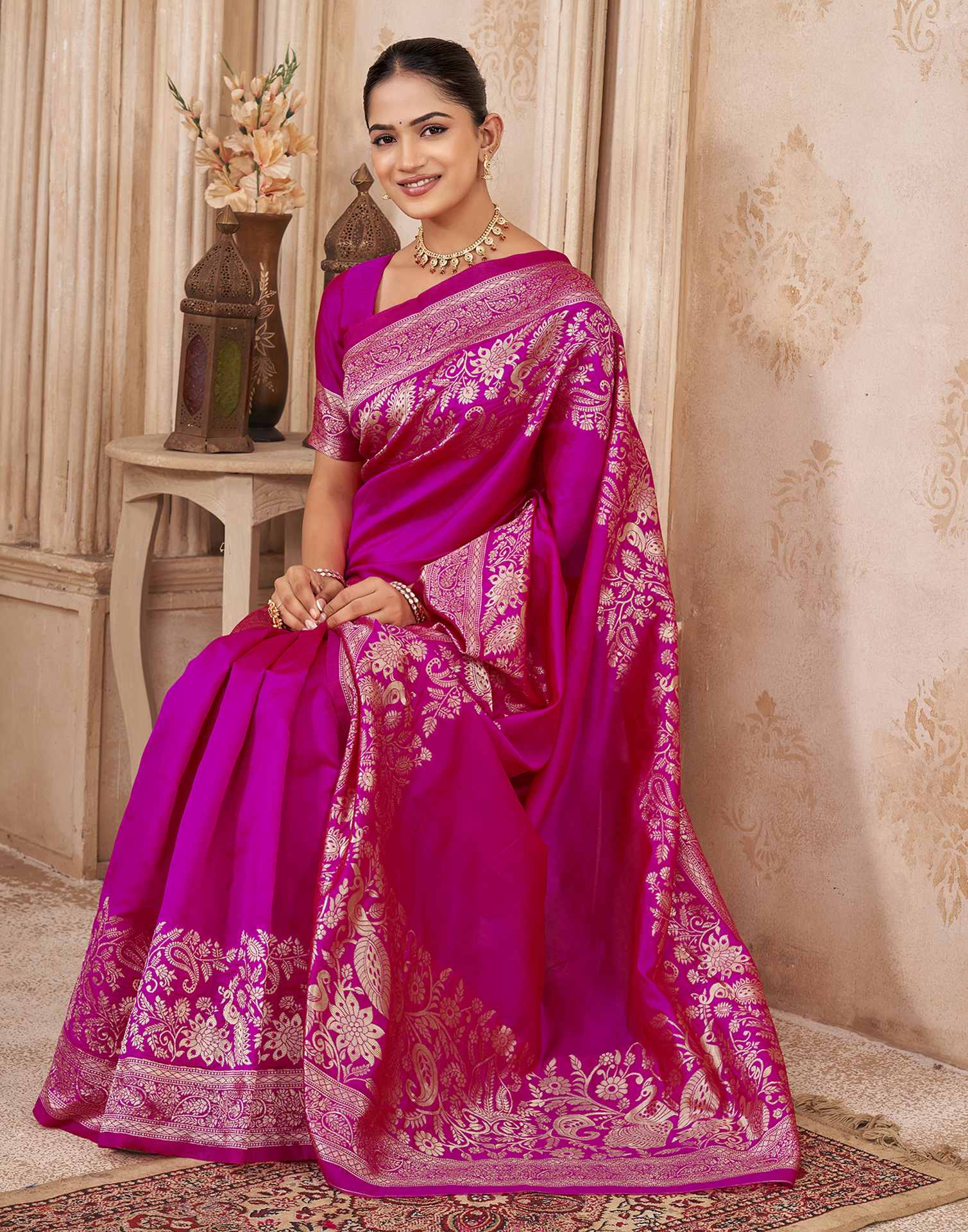 Dark Pink Silk Woven Banarasi Saree