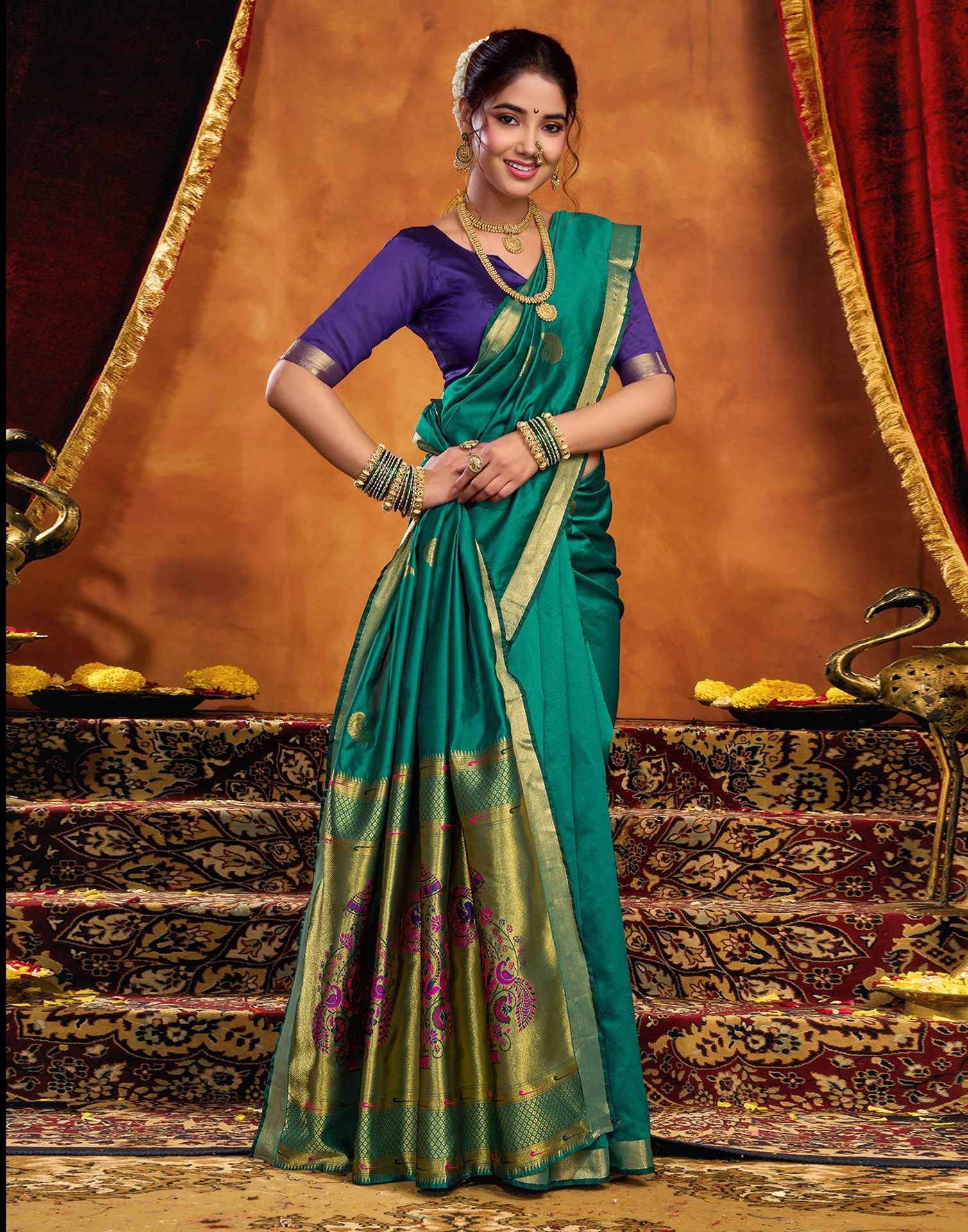 Teal Green Silk Woven Paithani Saree