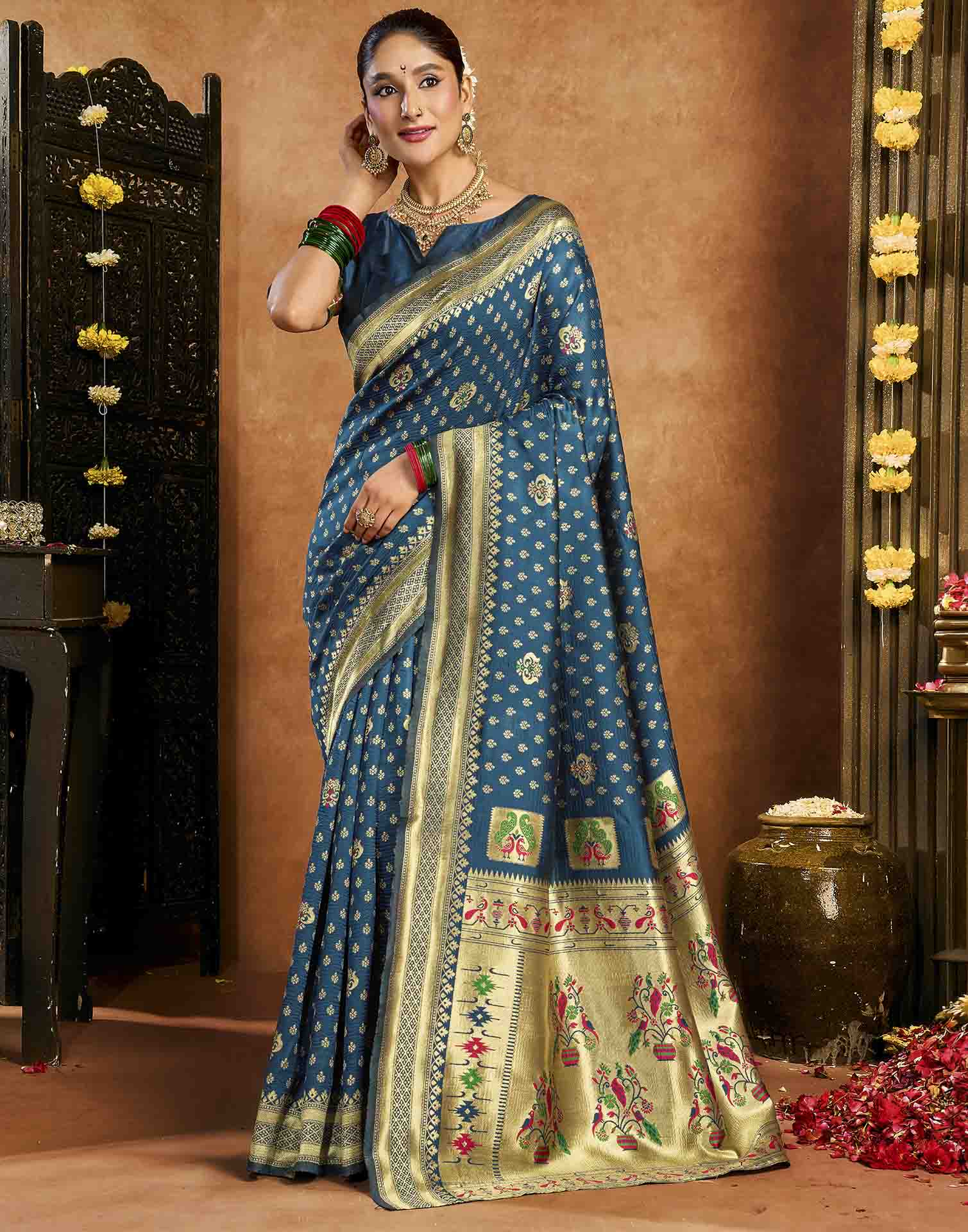 Rama Blue Silk Woven Paithani Saree