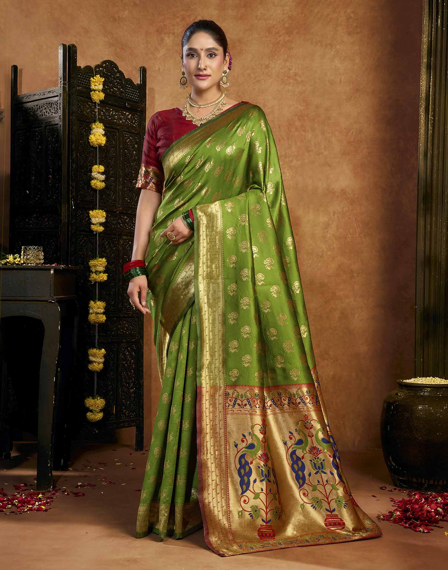Parrot Green Silk Woven Paithani Saree