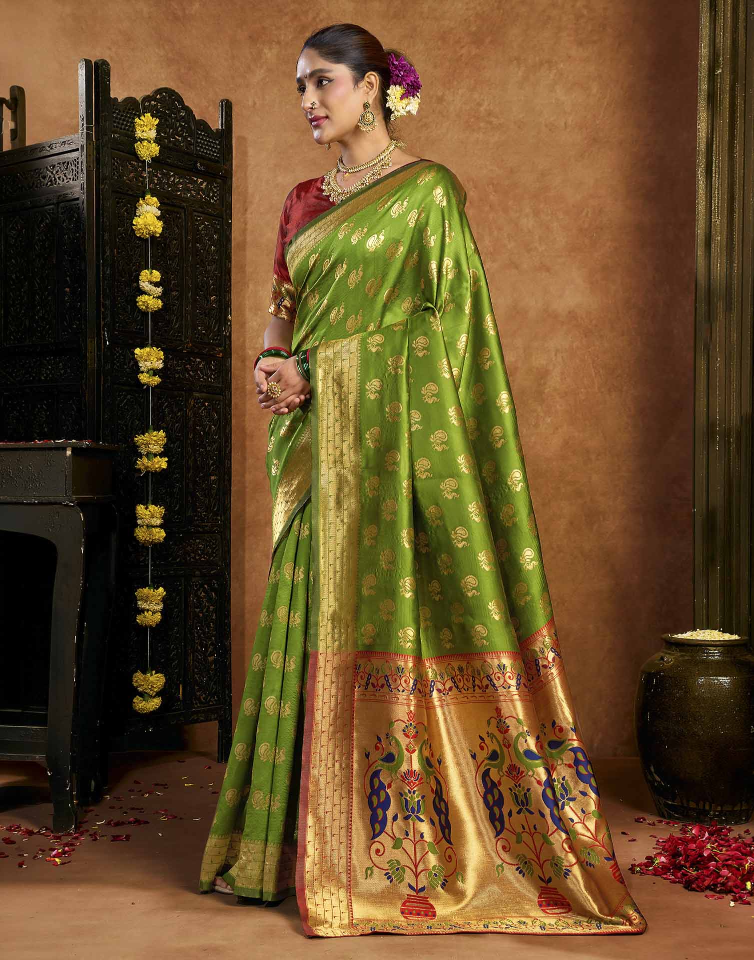 Parrot Green Silk Woven Paithani Saree