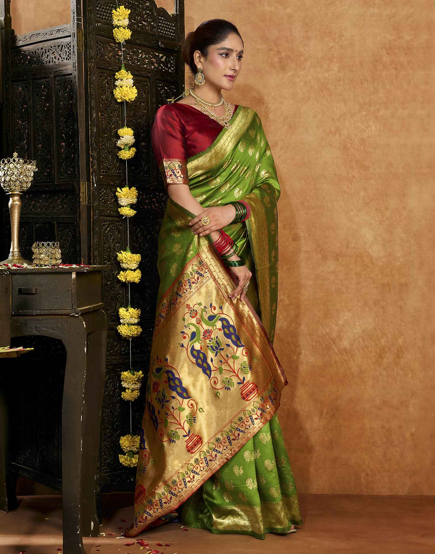 Parrot Green Silk Woven Paithani Saree