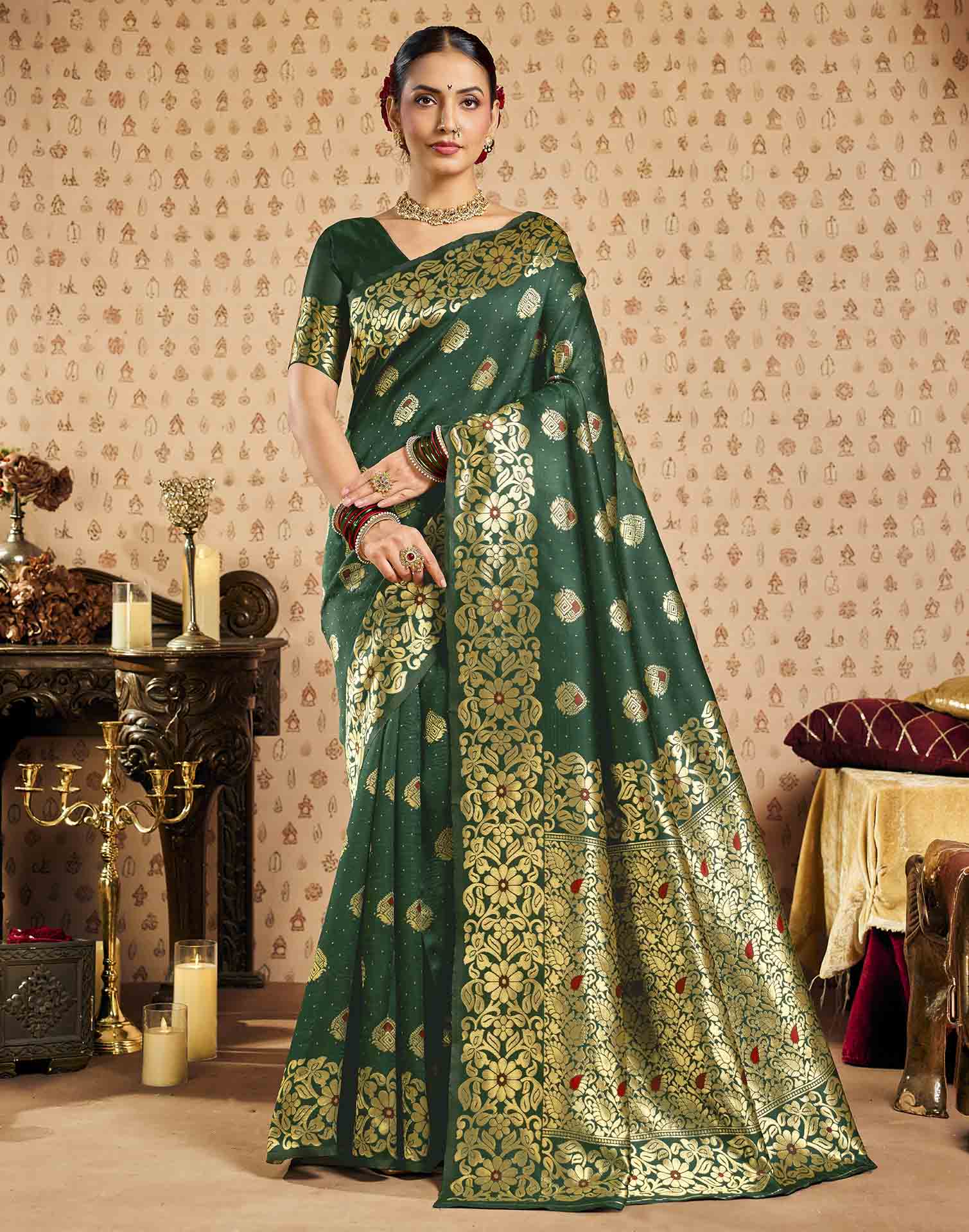 Dark Green Silk Woven Banarasi Saree