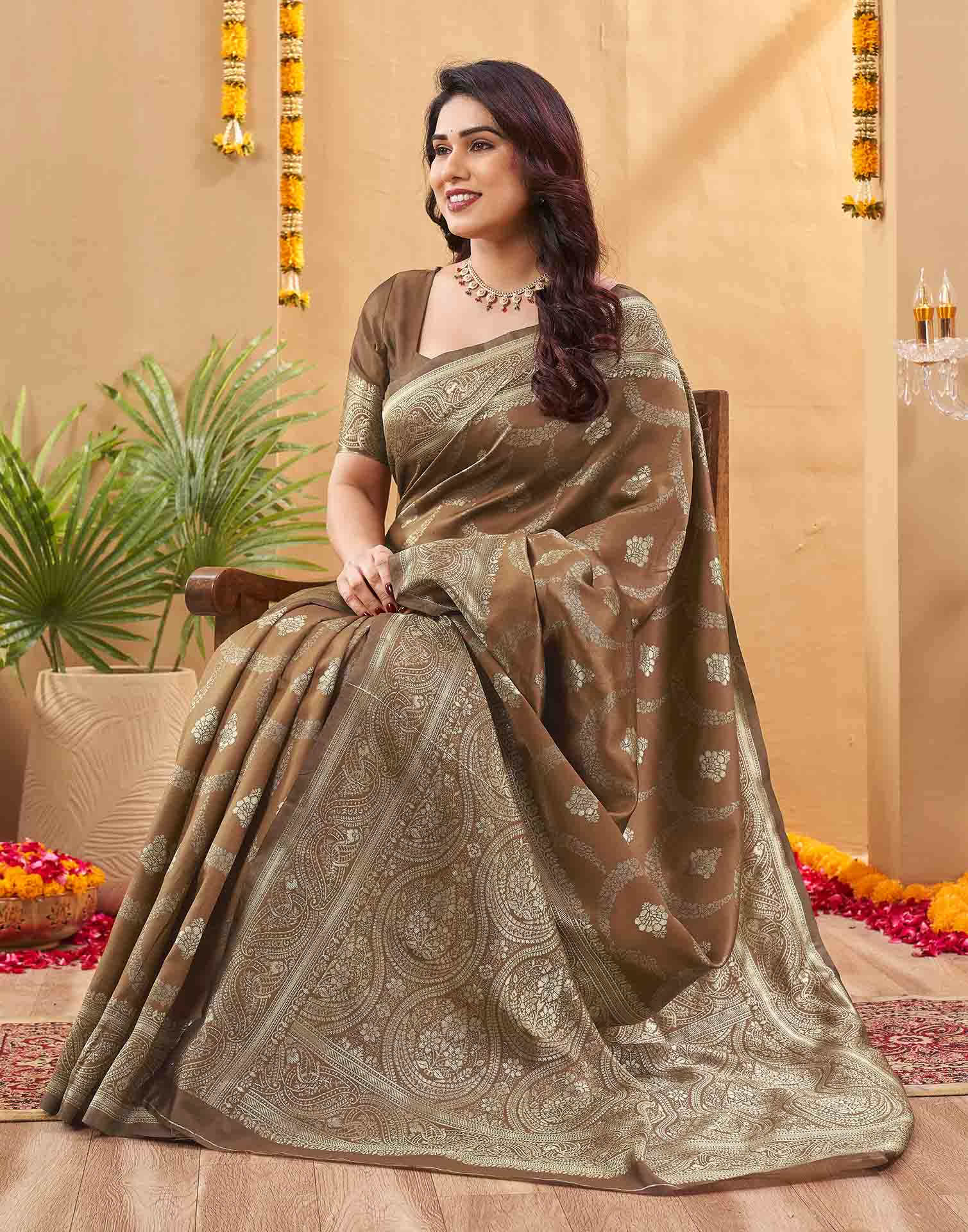 Brown Silk Woven Banarasi Saree