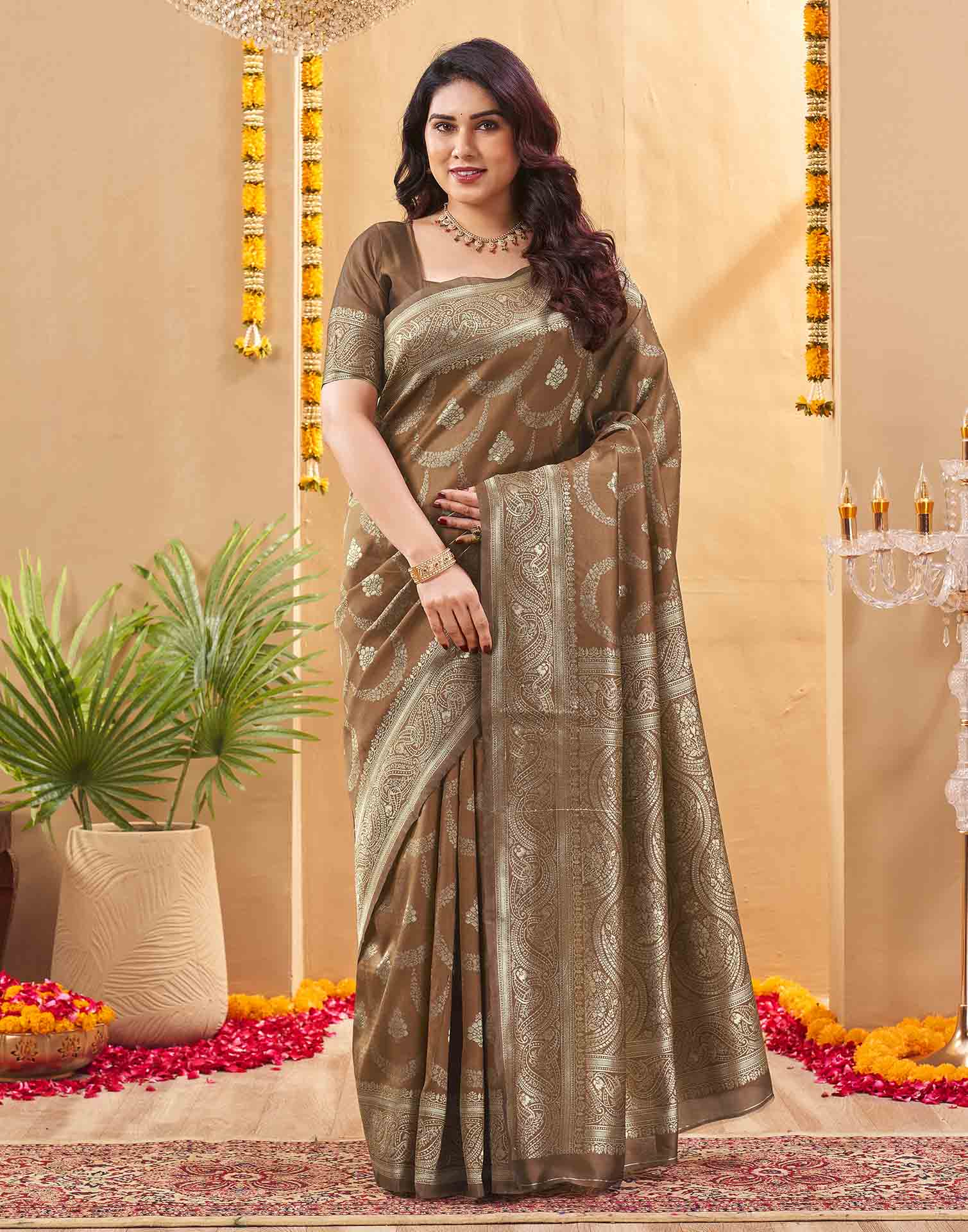 Brown Silk Woven Banarasi Saree