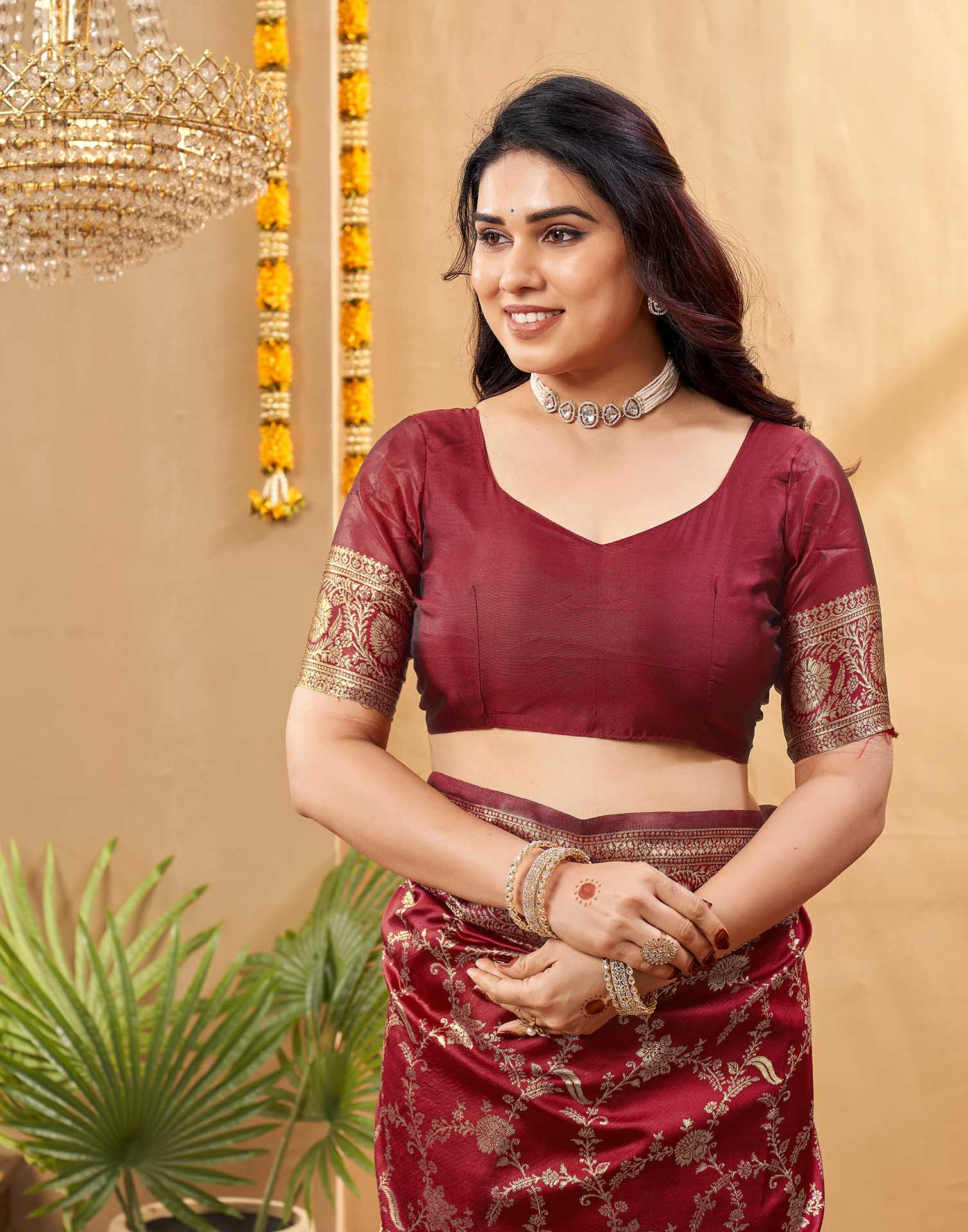 Maroon Silk Woven Banarasi Saree