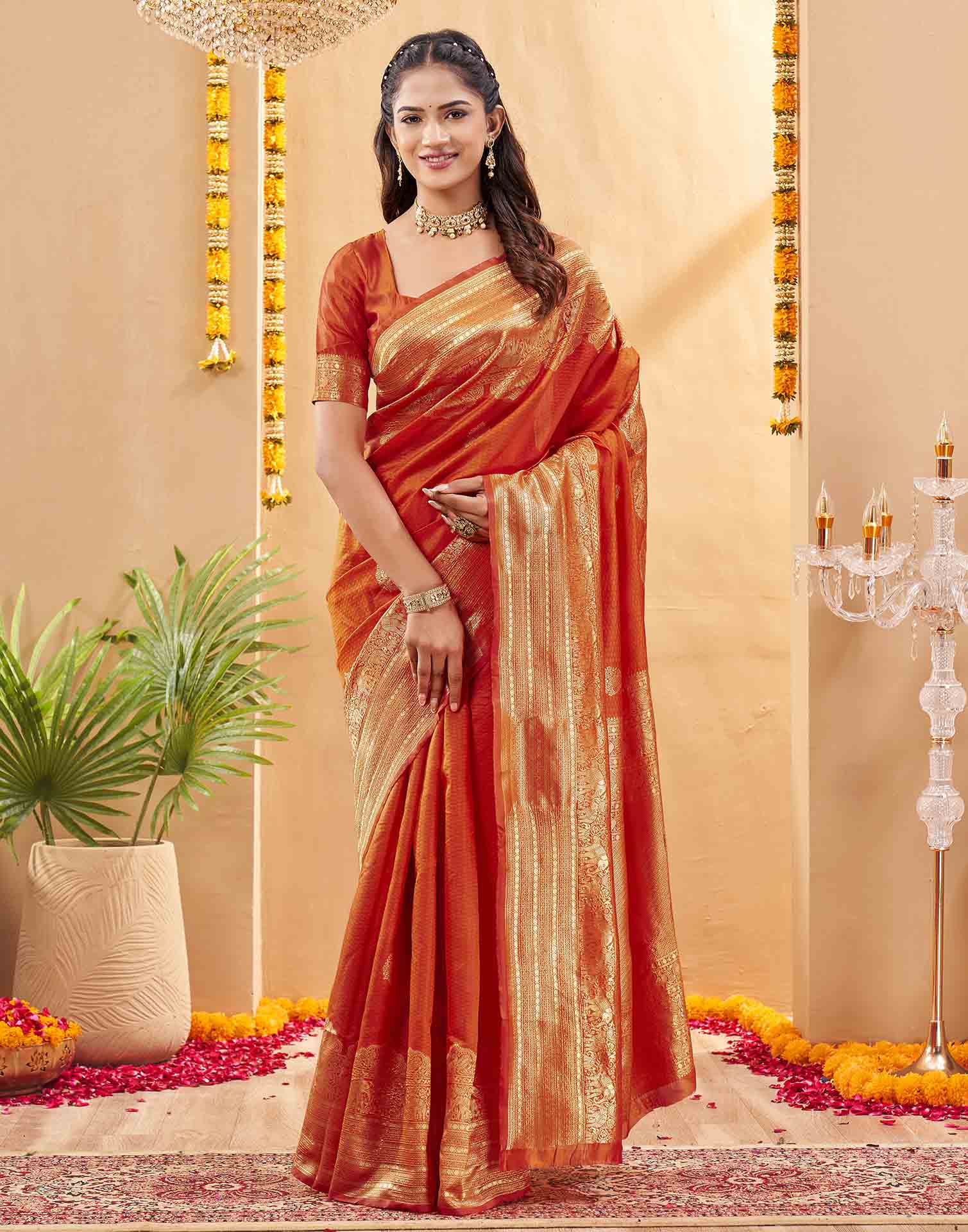 Orange Silk Woven Banarasi Saree