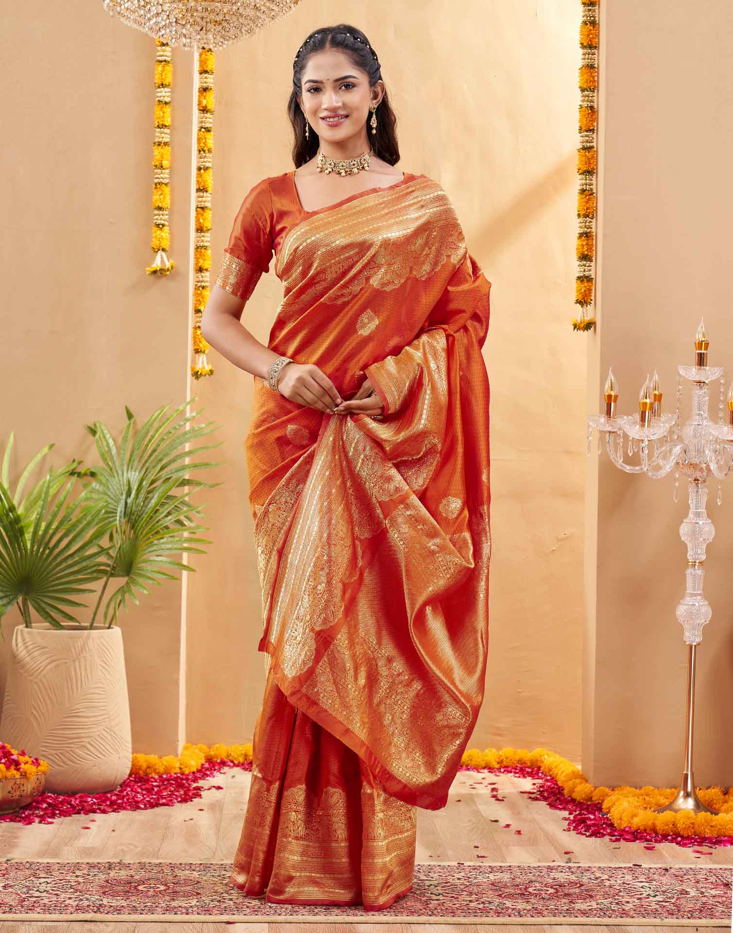 Orange Silk Woven Banarasi Saree