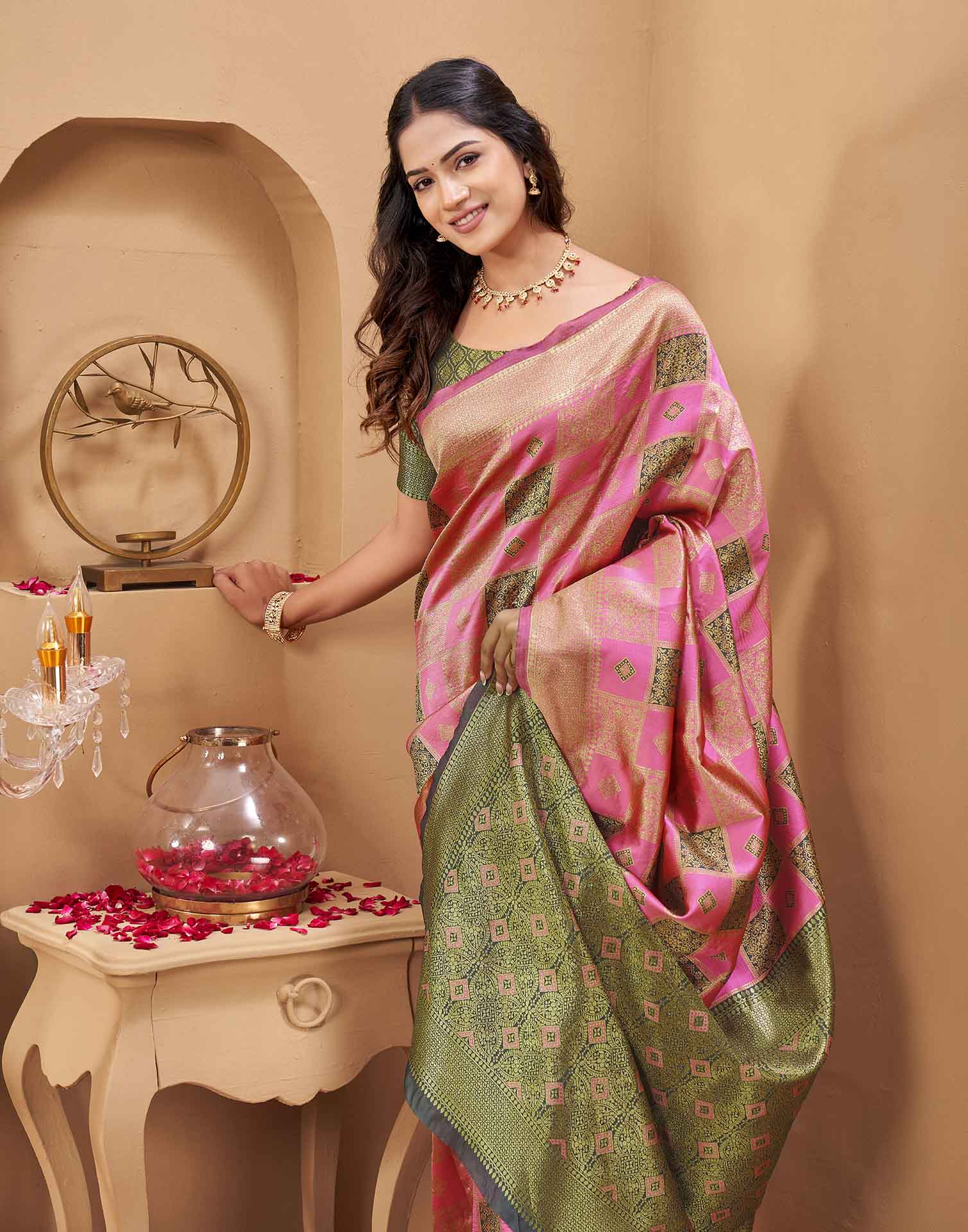 Pink Silk Woven Banarasi Saree