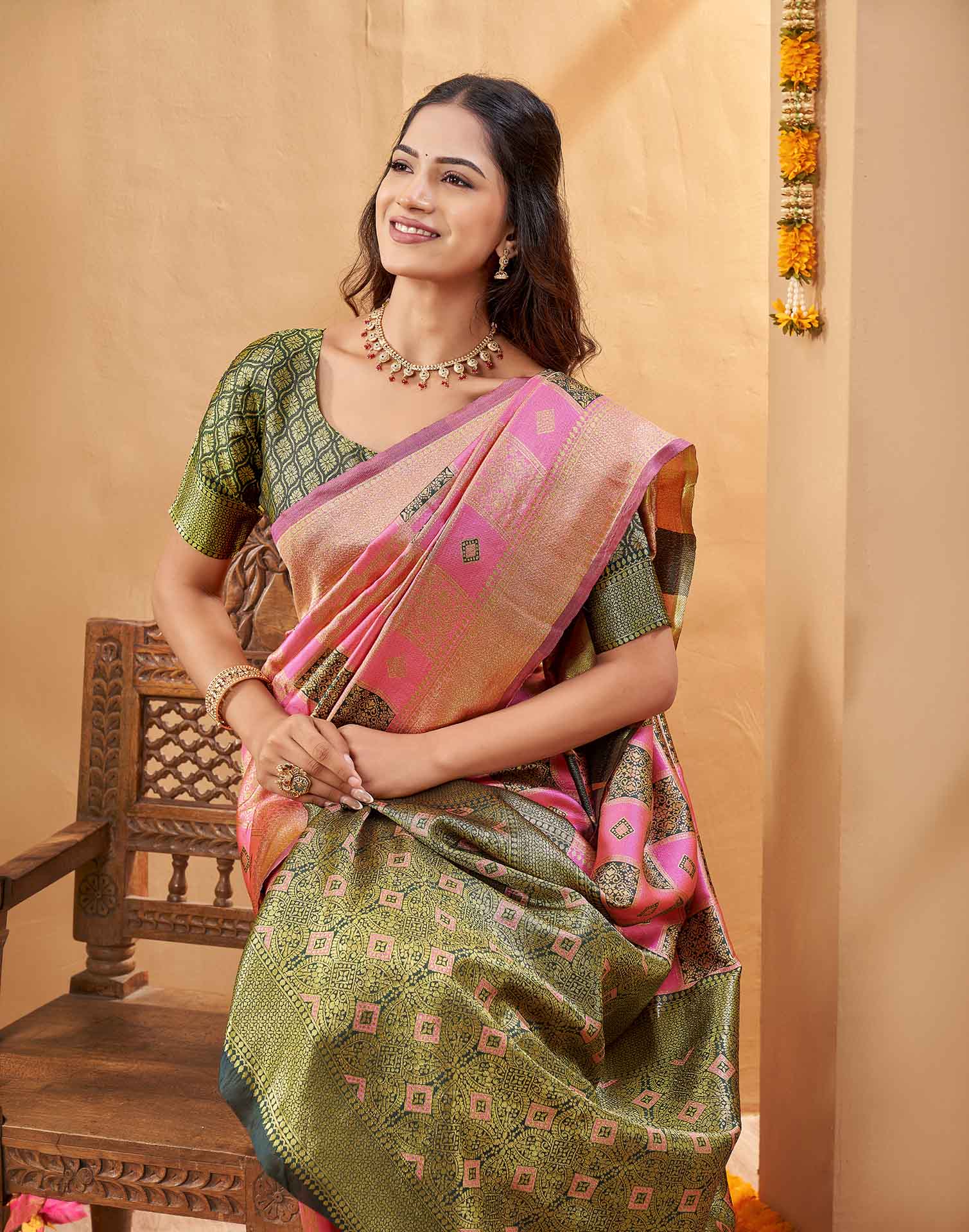 Pink Silk Woven Banarasi Saree