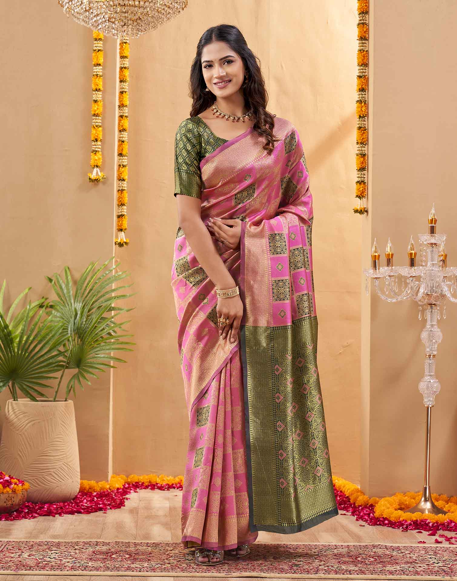 Pink Silk Woven Banarasi Saree