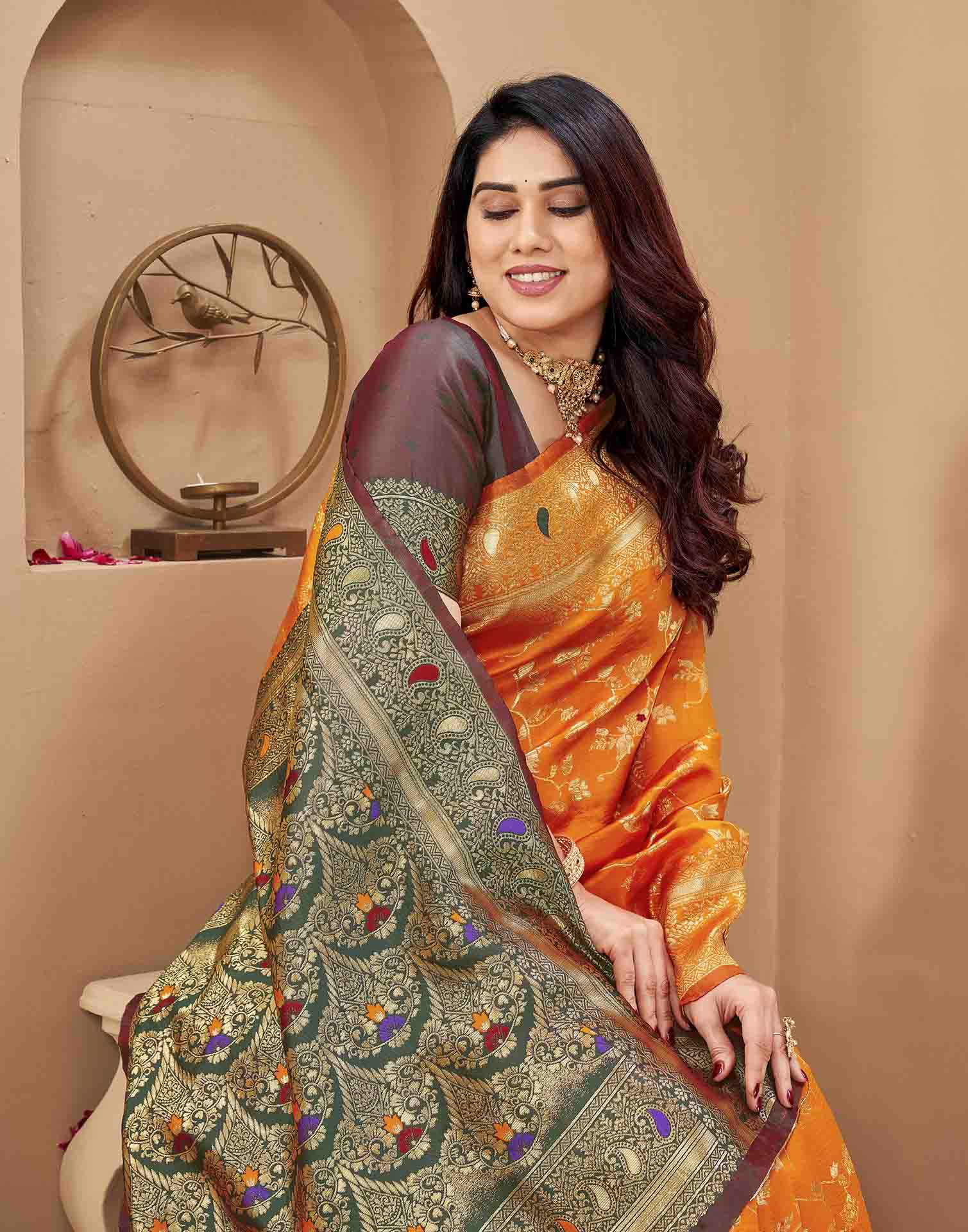 Orange Silk Woven Banarasi Saree