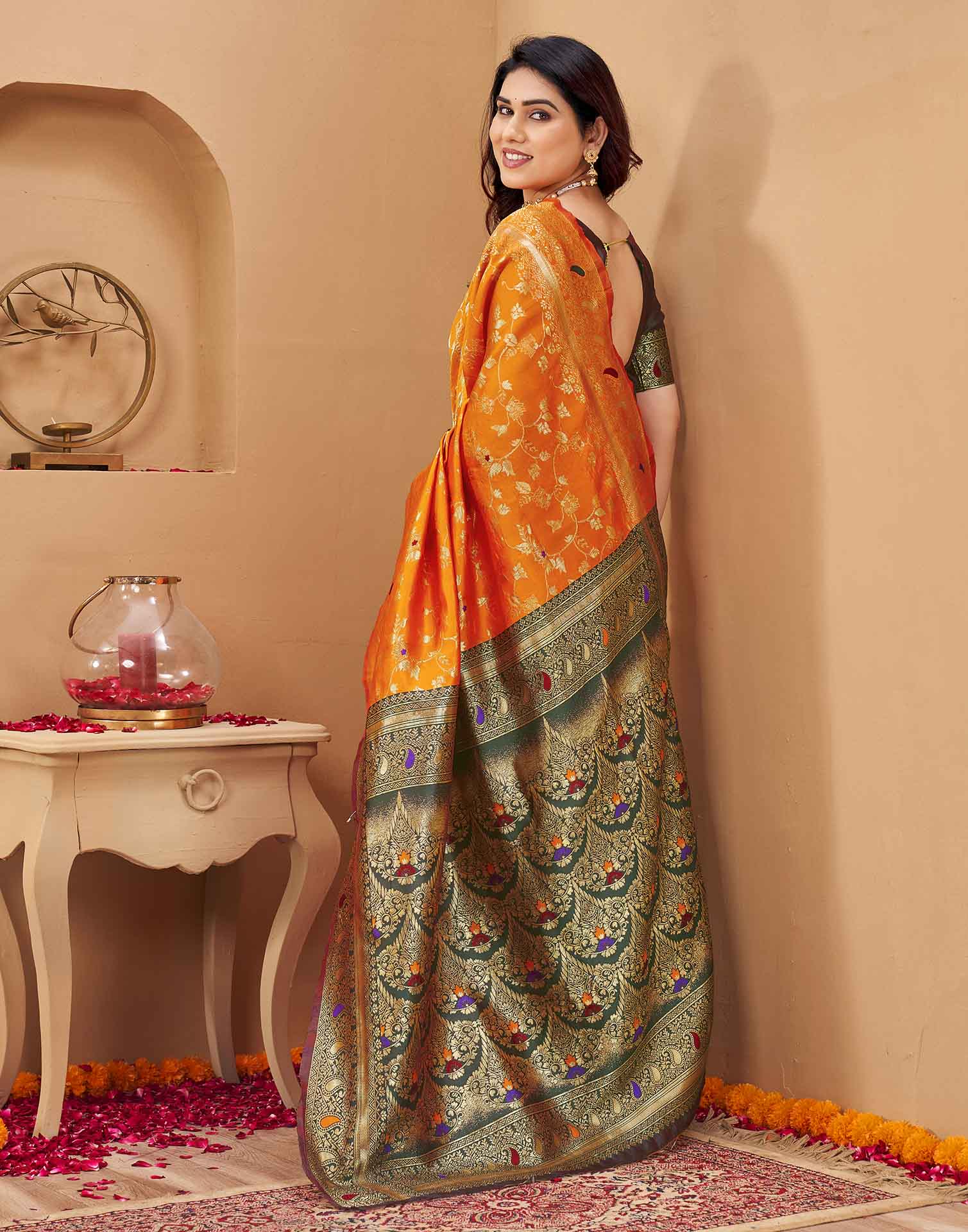 Orange Silk Woven Banarasi Saree