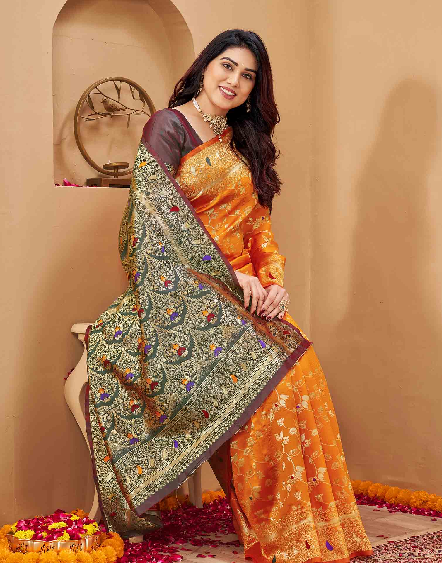 Orange Silk Woven Banarasi Saree