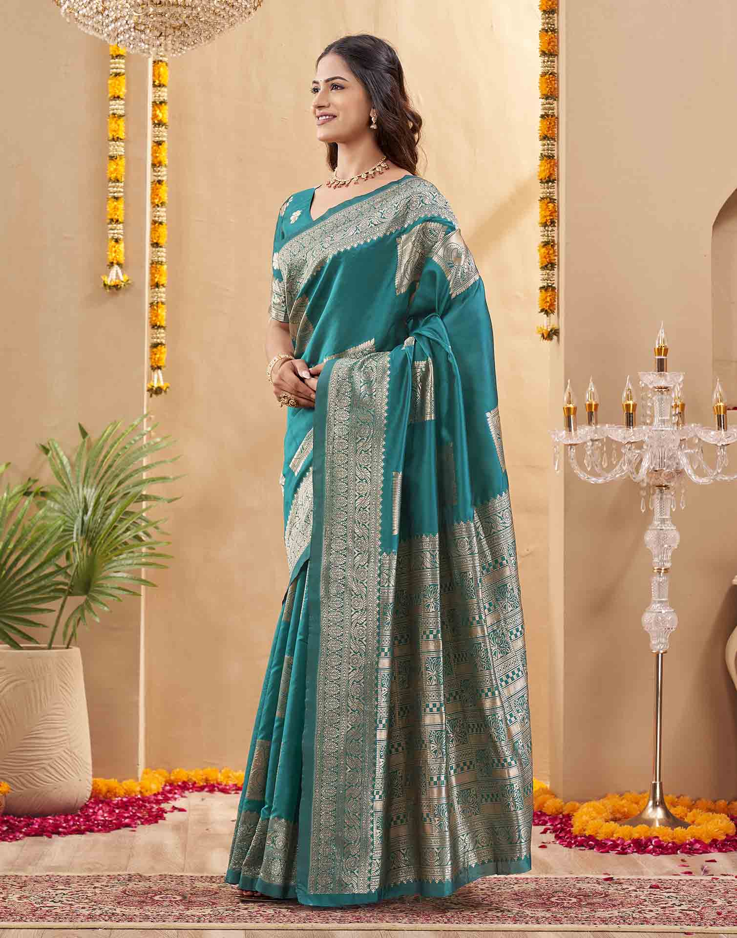Teal Green Silk Woven Banarasi Saree