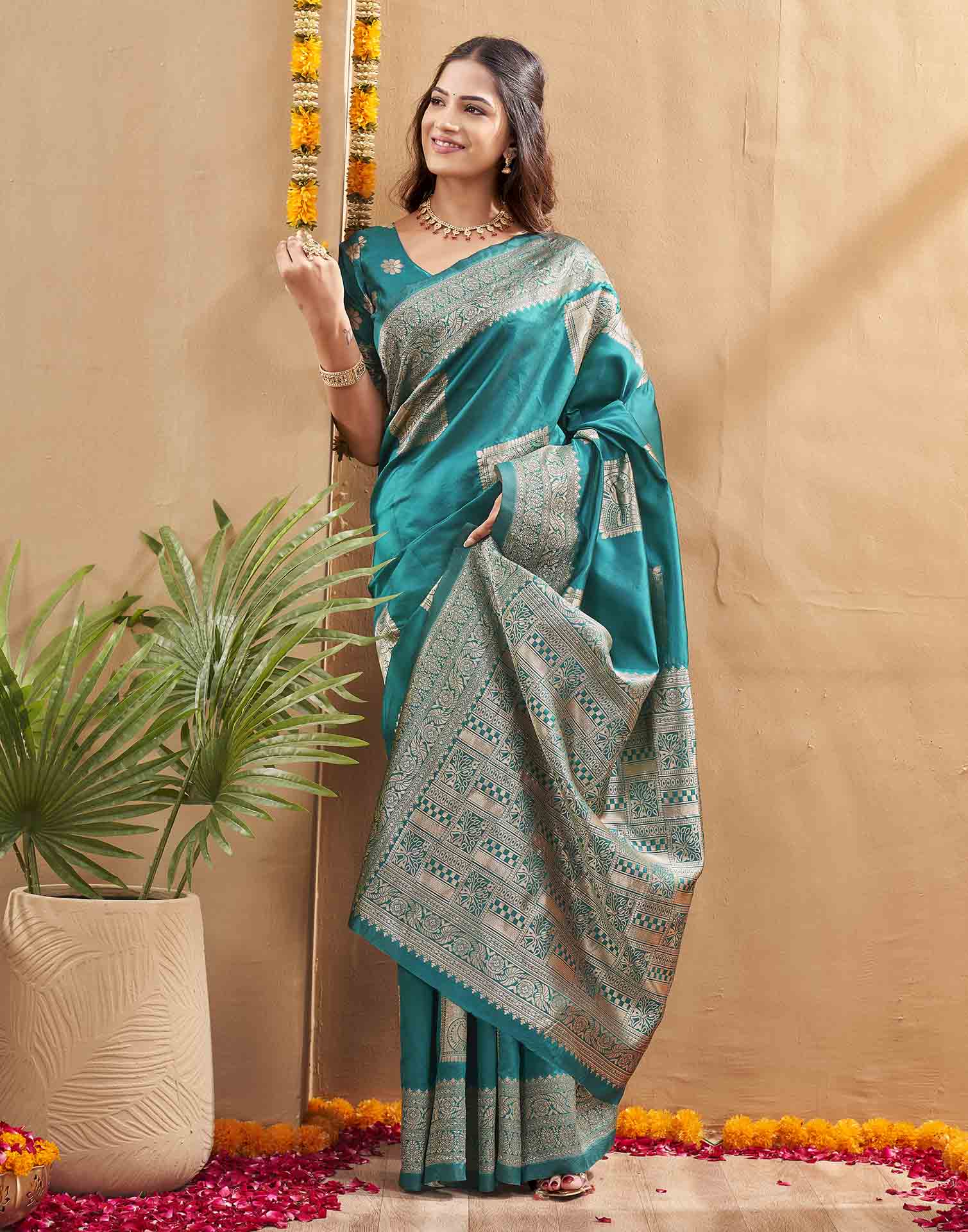 Teal Green Silk Woven Banarasi Saree