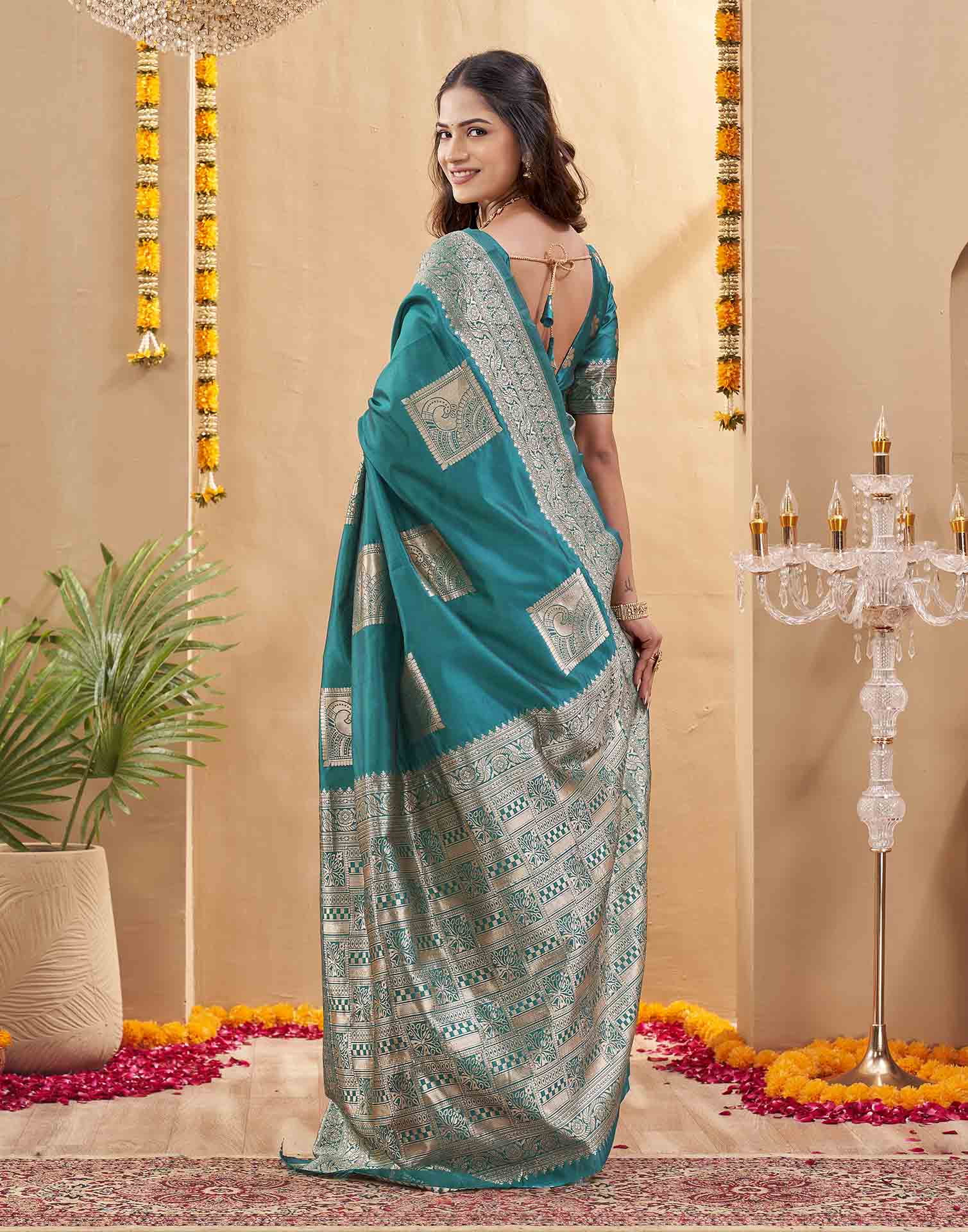 Teal Green Silk Woven Banarasi Saree