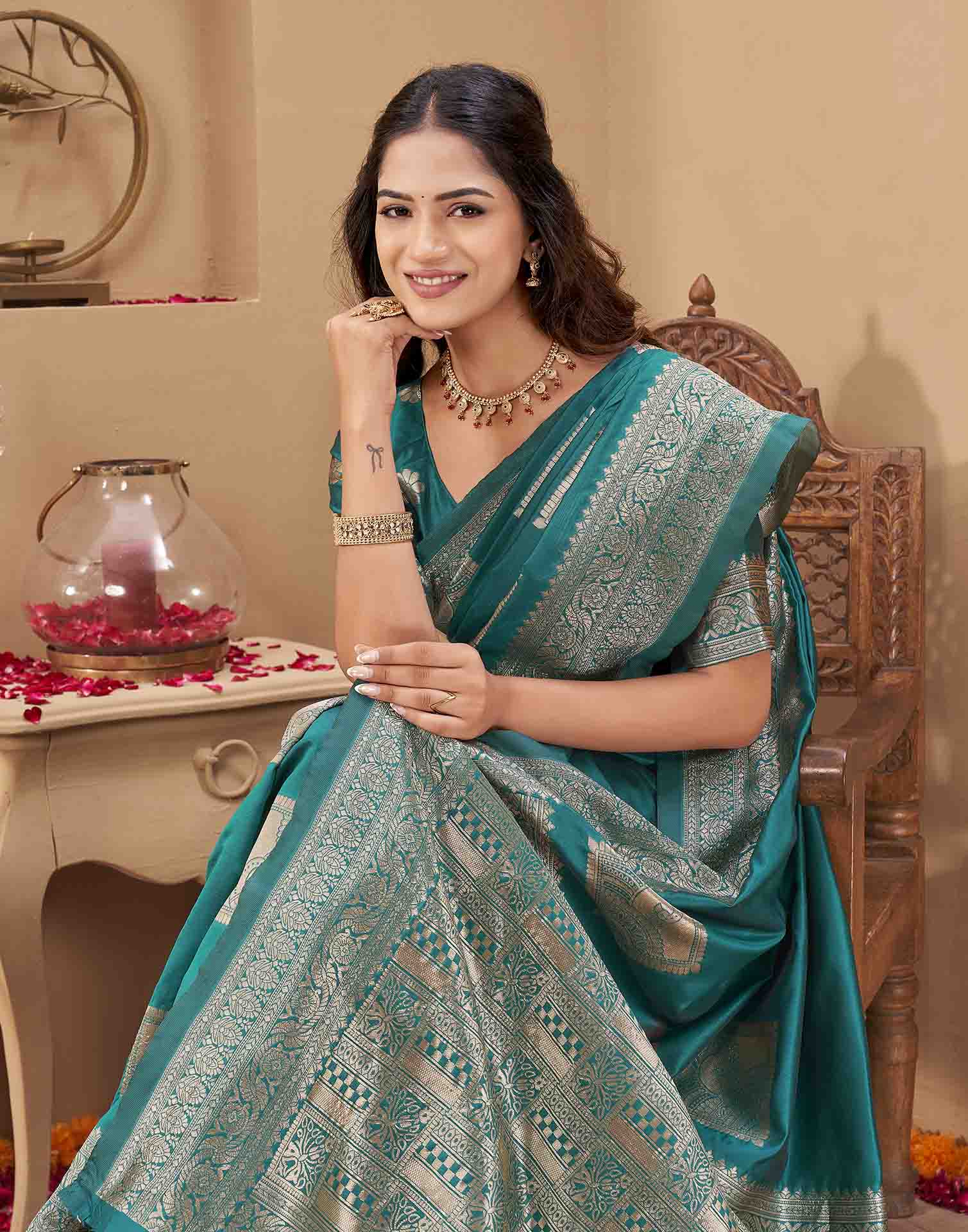 Teal Green Silk Woven Banarasi Saree