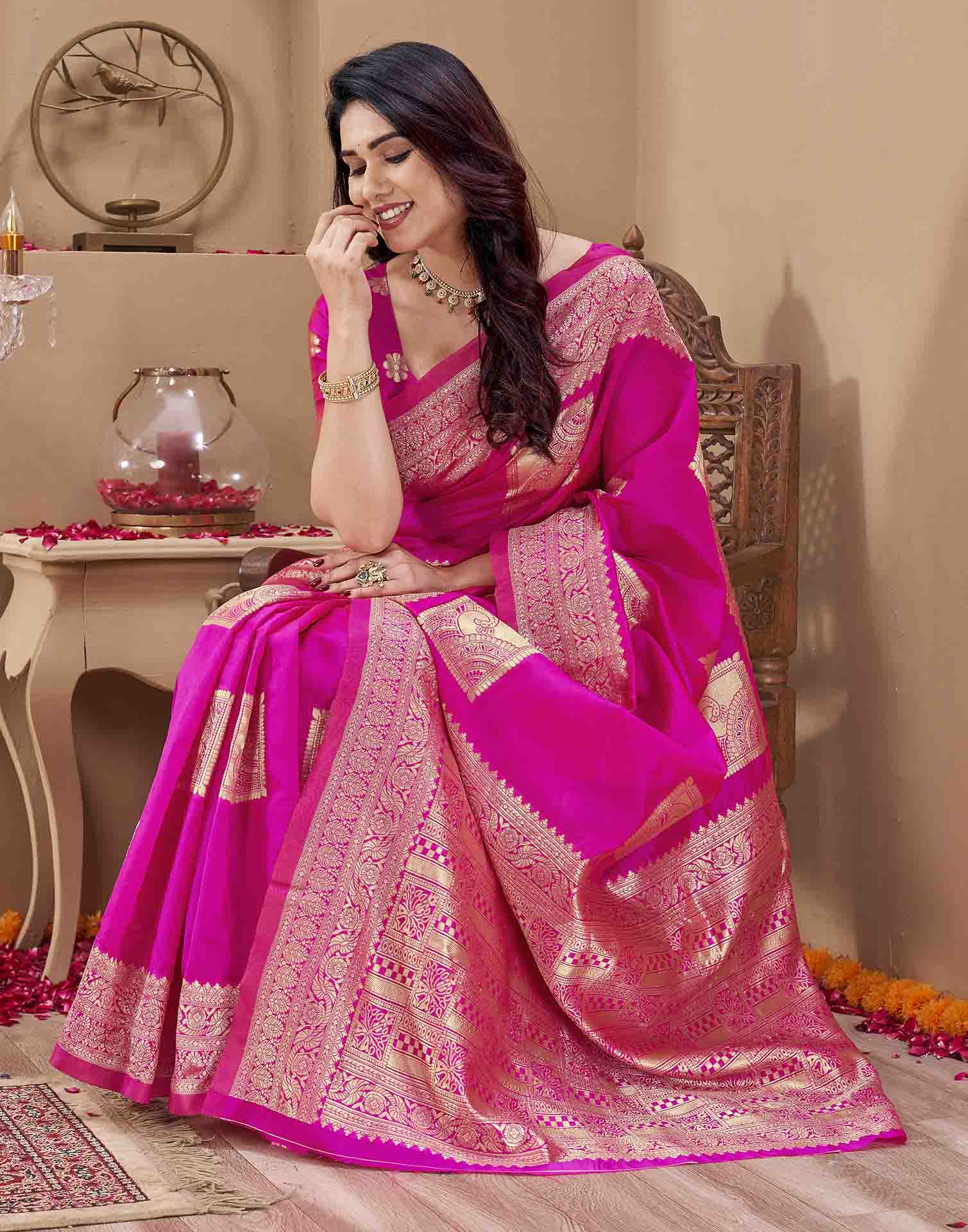 Pink Silk Woven Banarasi Saree