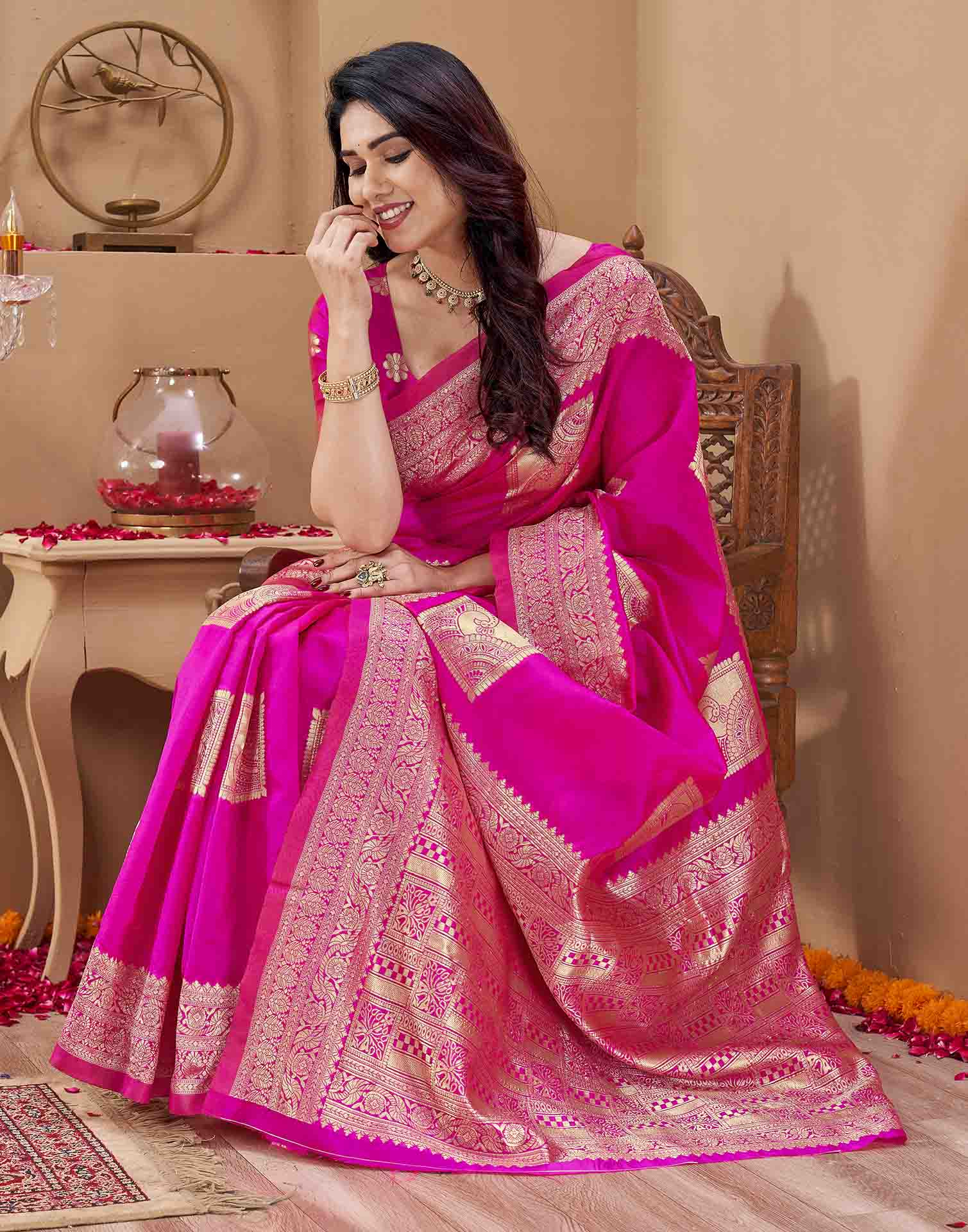 Pink Silk Woven Banarasi Saree