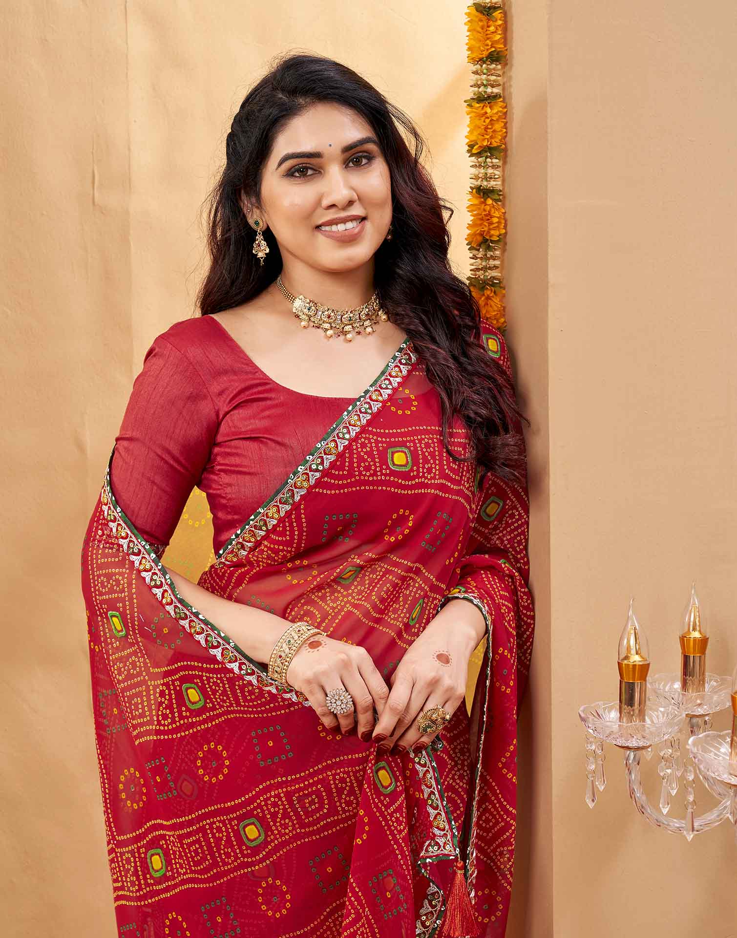 Red Georgette Printed Bandhani Saree
