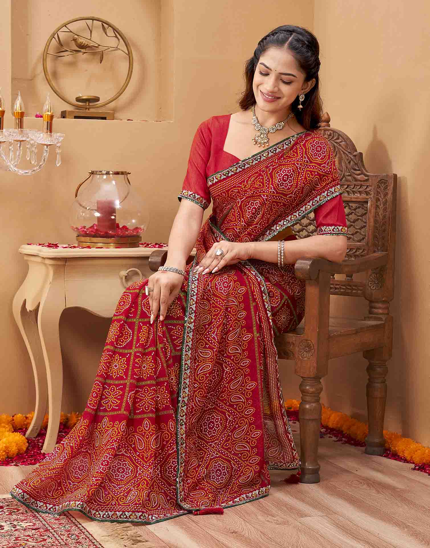 Red Georgette Printed Bandhani Saree