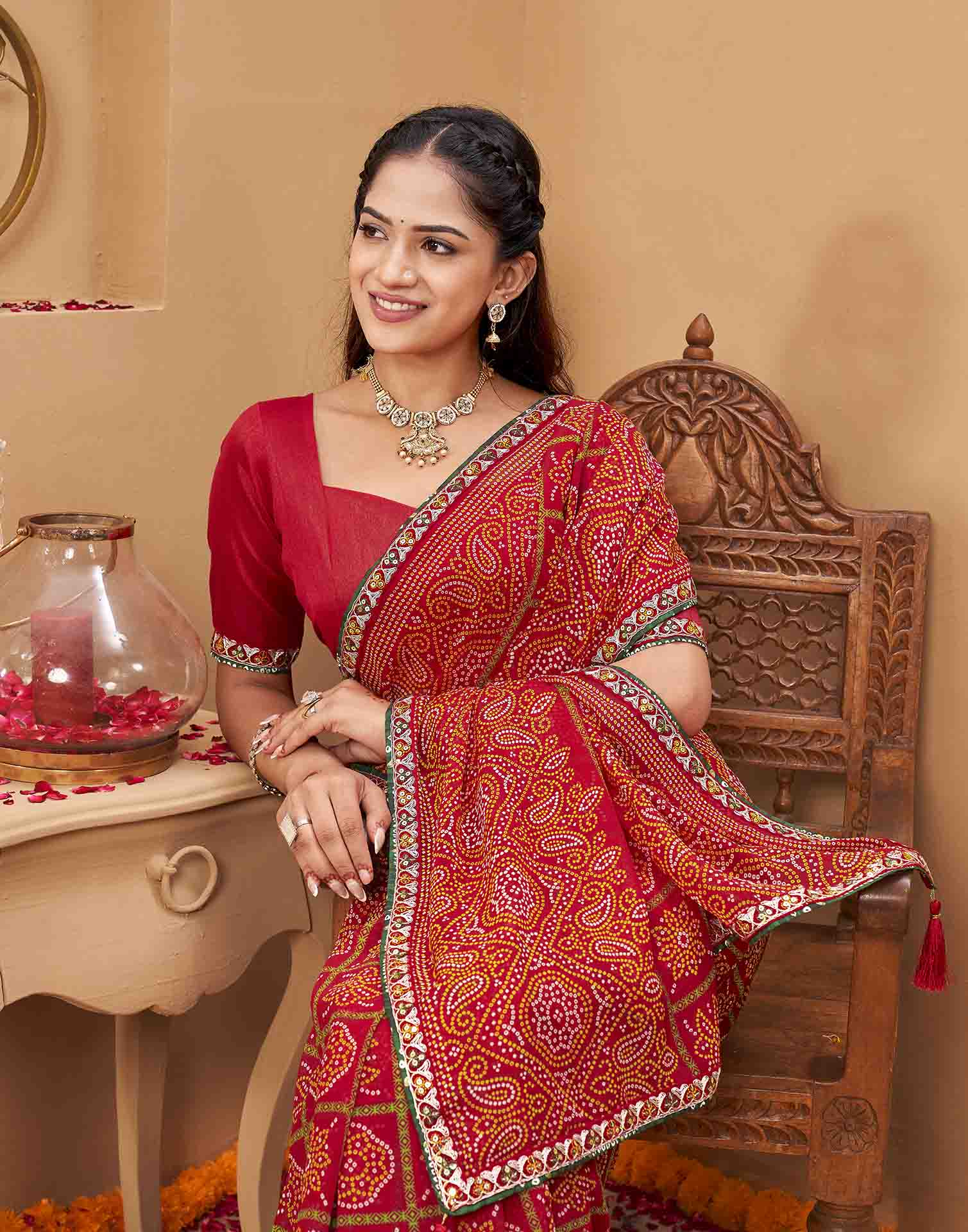 Red Georgette Printed Bandhani Saree