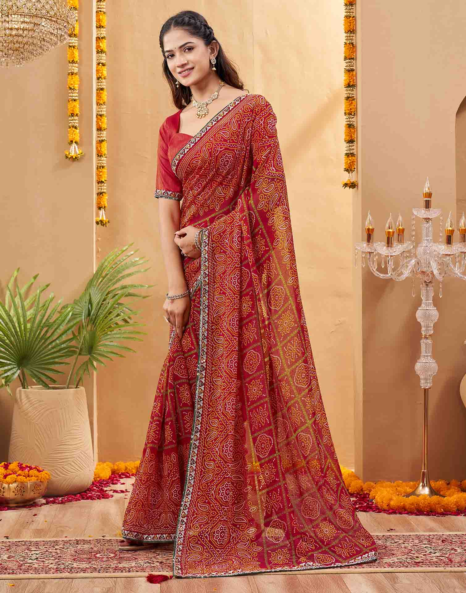 Red Georgette Printed Bandhani Saree