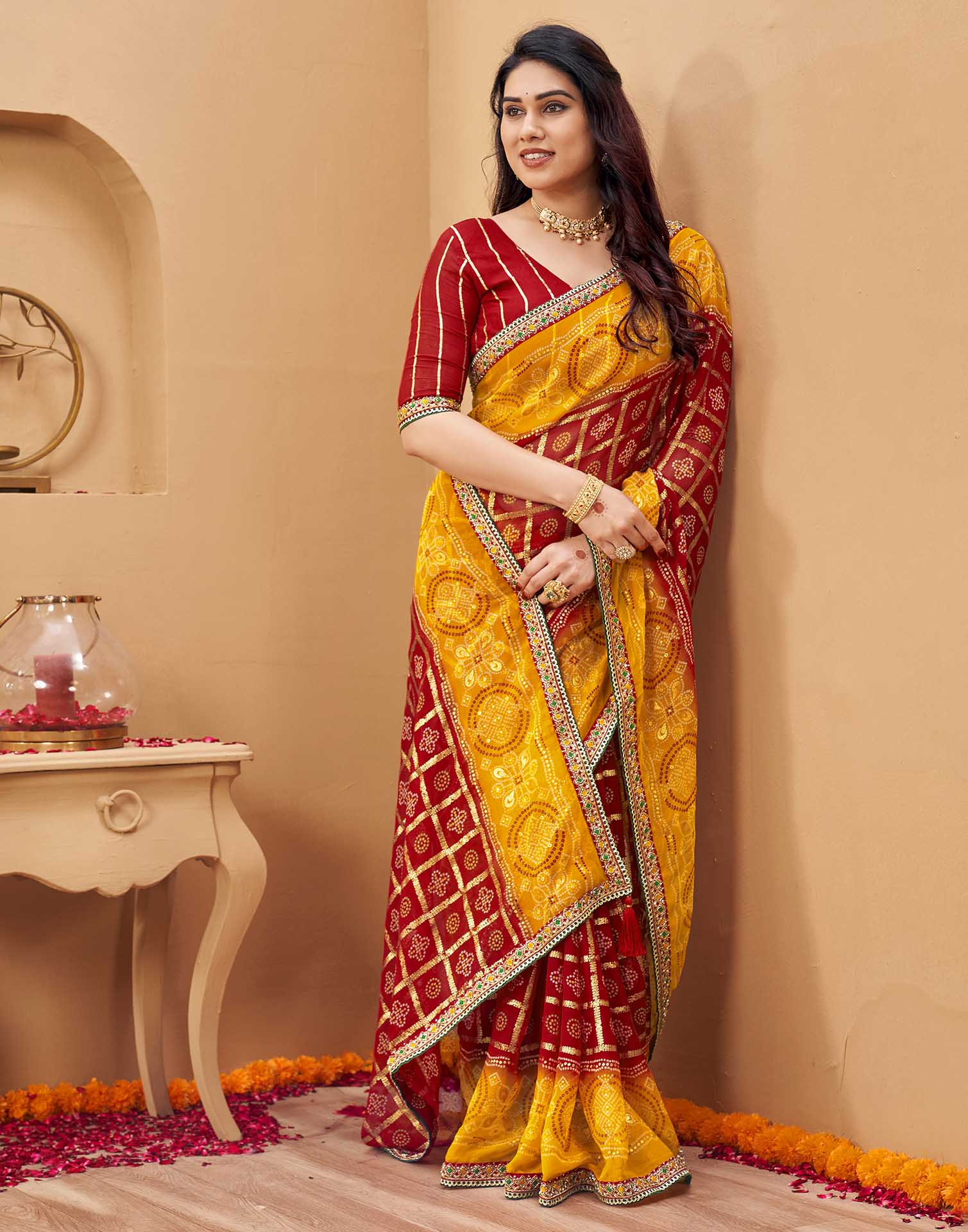 Yellow Georgette Foil Printed Bandhani Saree