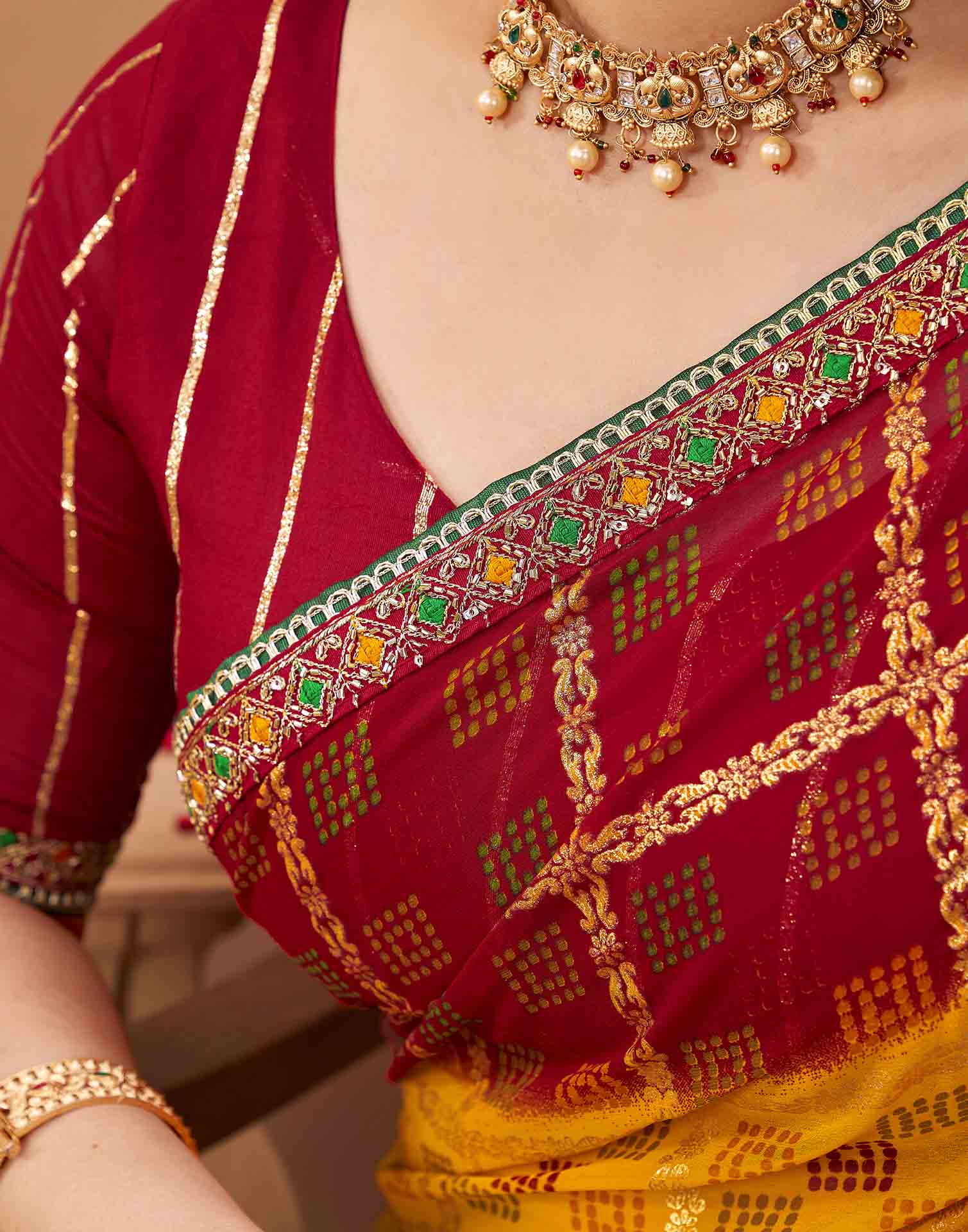 Yellow Georgette Foil Printed Bandhani Saree
